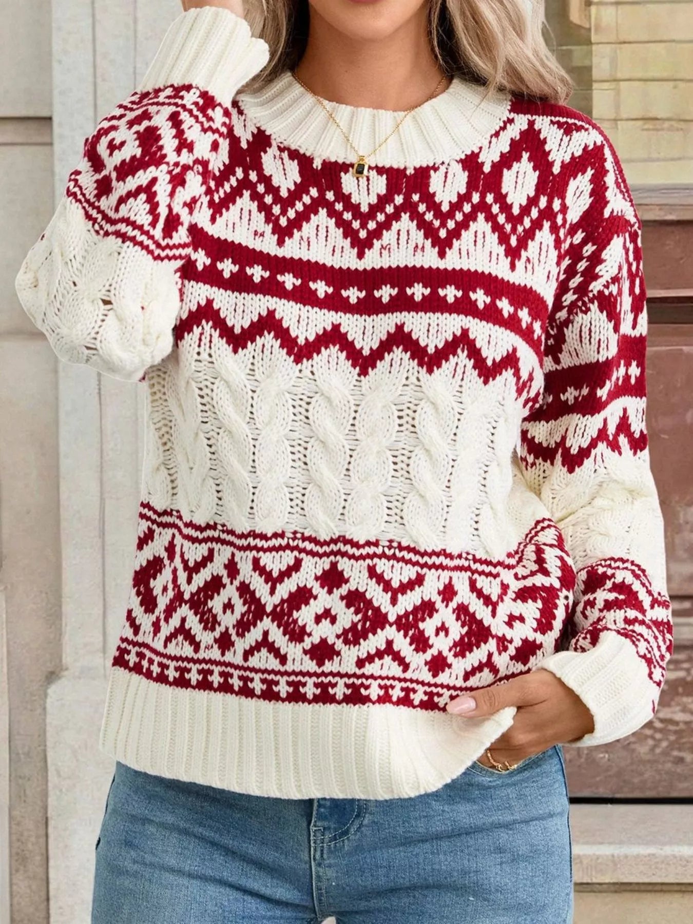 Long Sleeve Cable Knit Christmas Sweater - Be Bliss Boutique