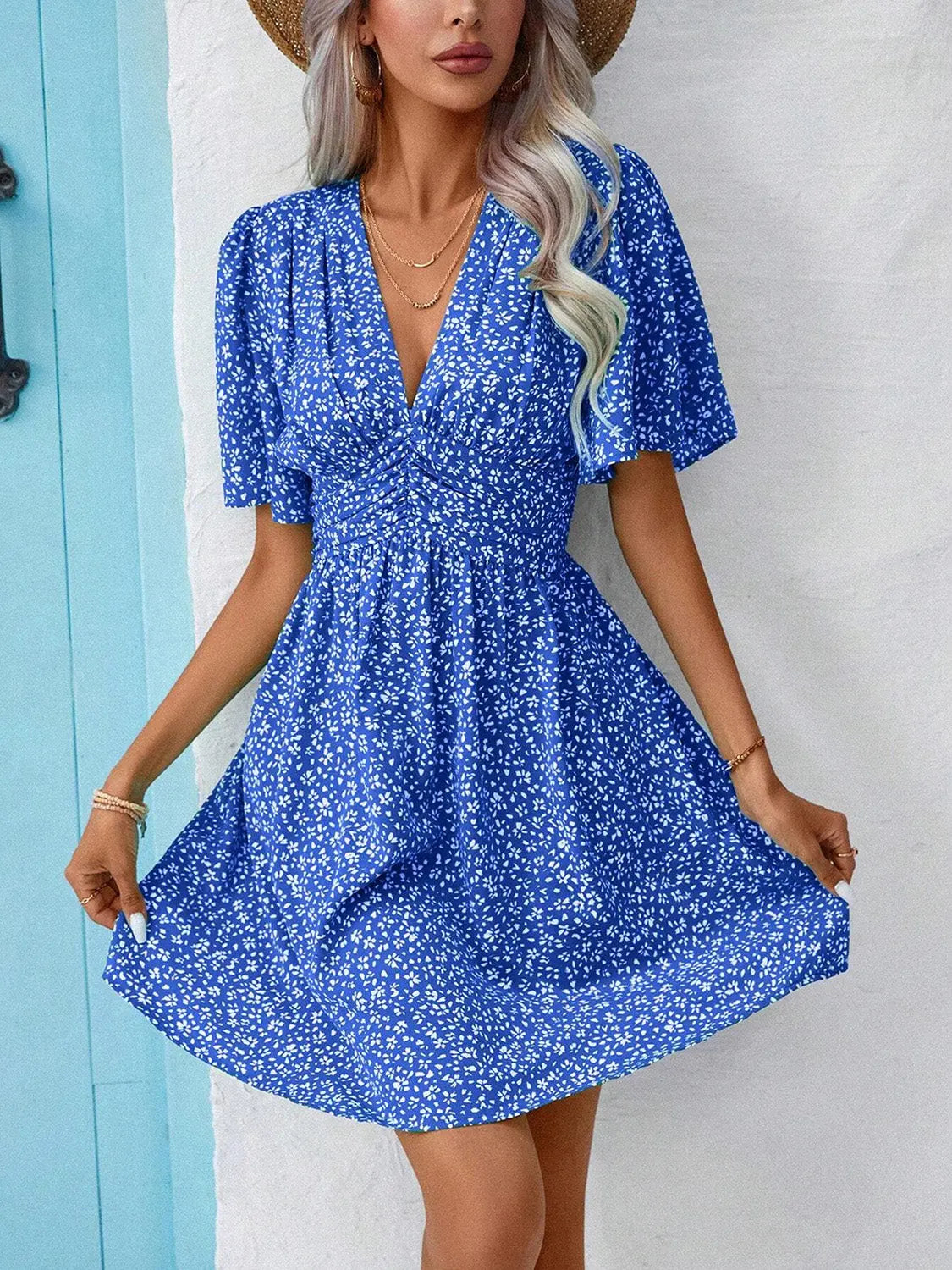 Printed V-Neck Half Sleeve Mini Dress - Be Bliss Boutique
