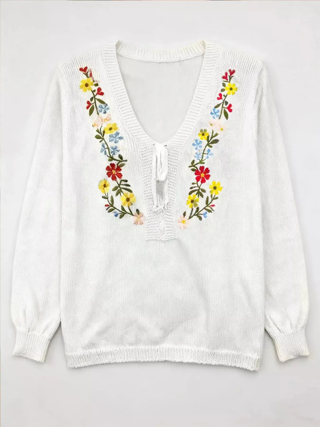 Floral Embroidered V Neck Sweater - Be Bliss Boutique