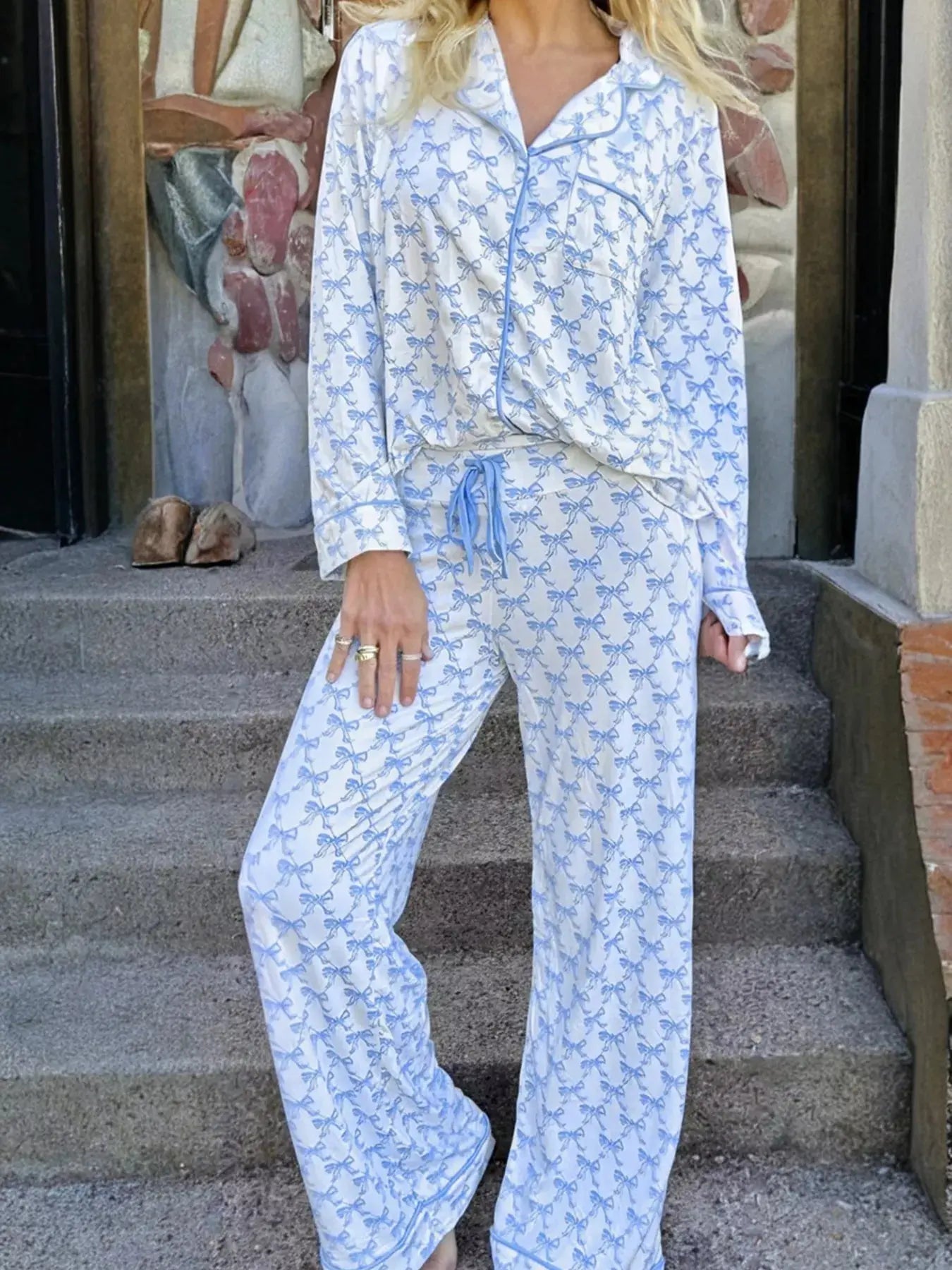 Bow Print Long Sleeve Shirt and Pants Pajama Set - Be Bliss Boutique