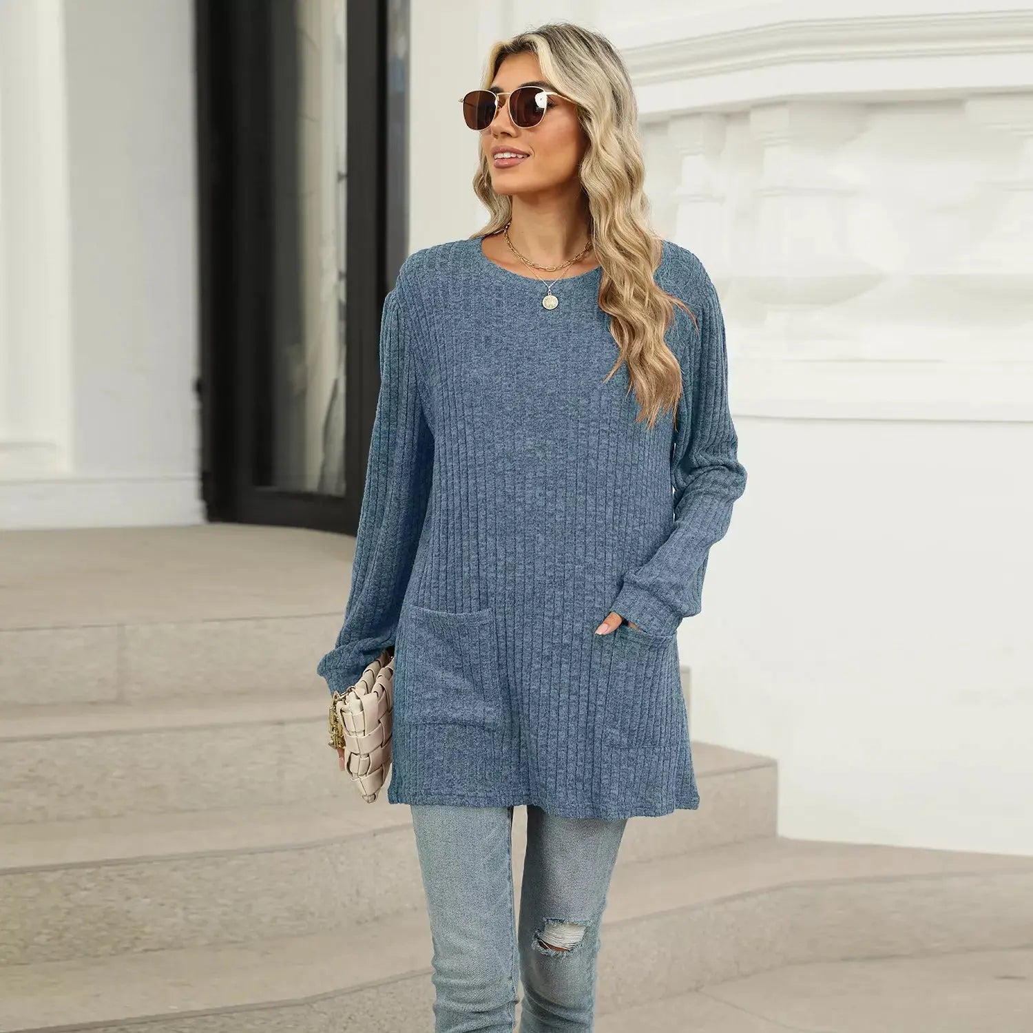 Cozy Ribbed Knit Long Sleeve Tunic Top with Pockets - Be Bliss Boutique