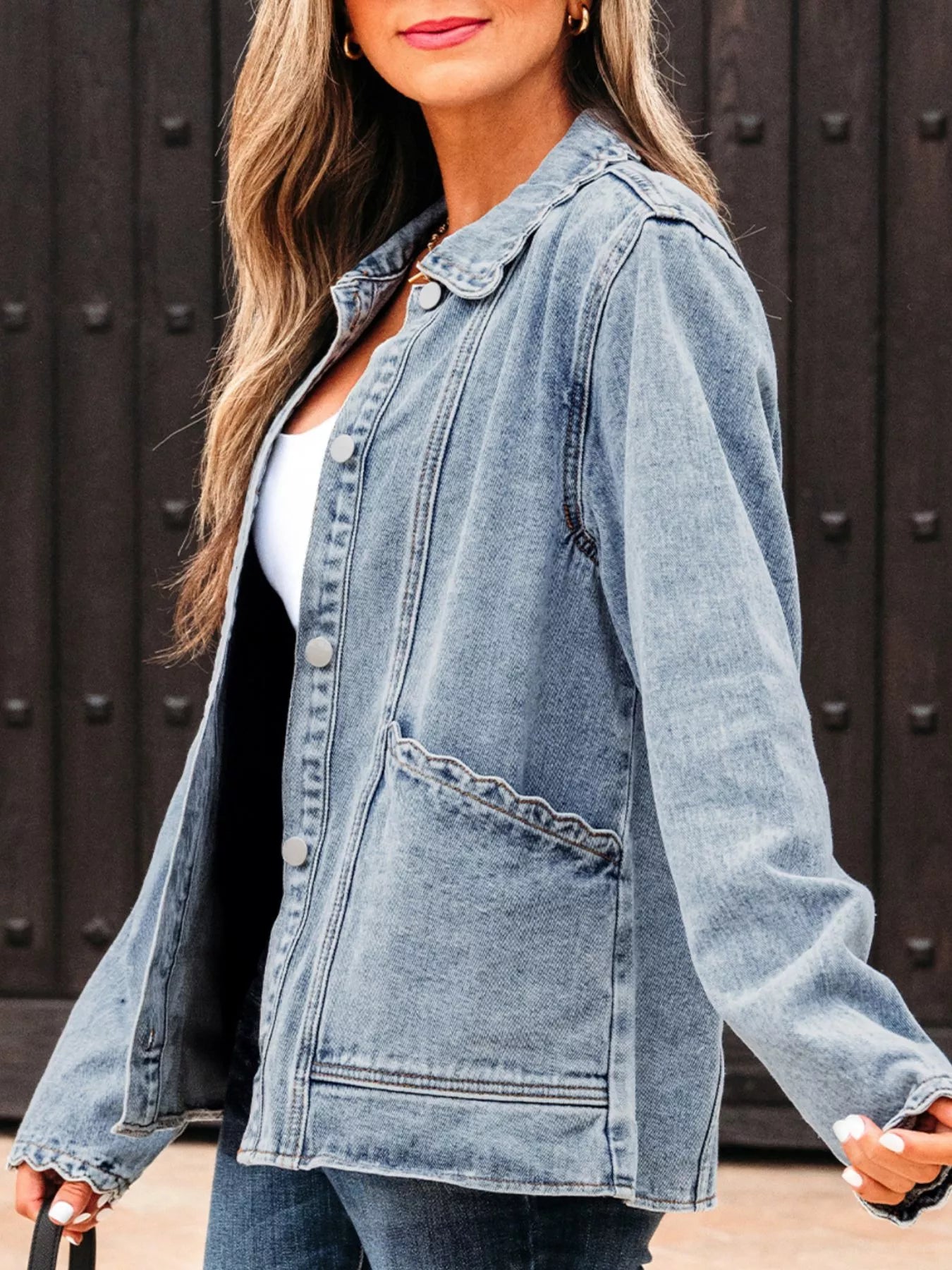 Scallop Trim Collar Patched Pocket Button Up Denim Jacket - Be Bliss Boutique