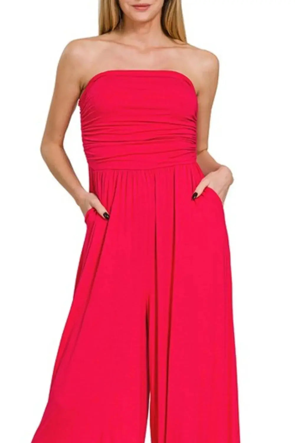 Zenana Strapless Ruched Tube Jumpsuit with Pockets – Red Culotte Style - Be Bliss Boutique