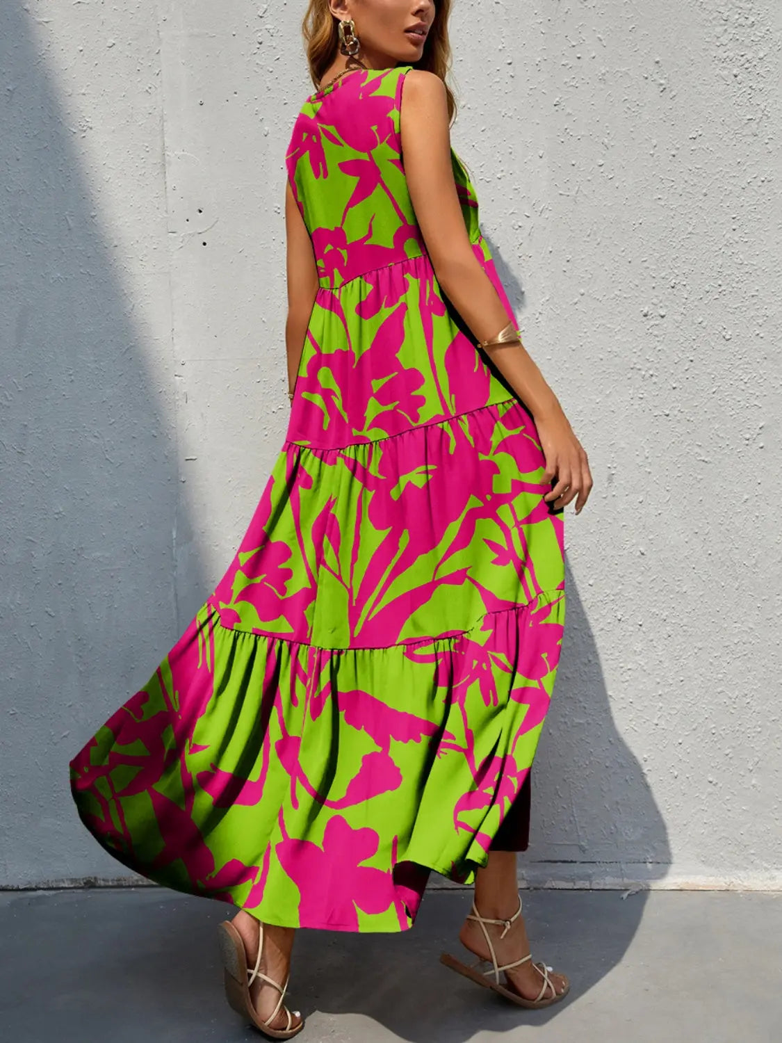 Tiered Printed V-Neck Sleeveless Dress - Be Bliss Boutique