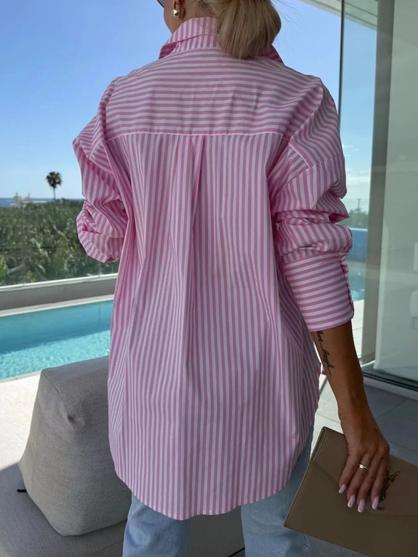 Striped Oversized Button-Down Shirt -  Be Bliss Boutique