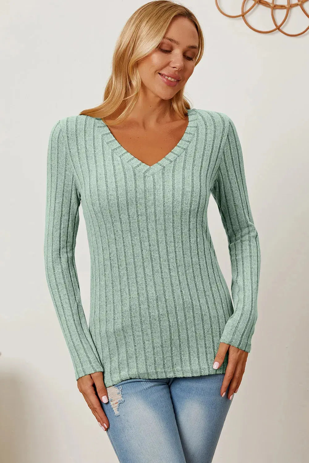 Basic Bae Full Size Ribbed V-Neck Long Sleeve T Shirt for Women - Be Bliss Boutique