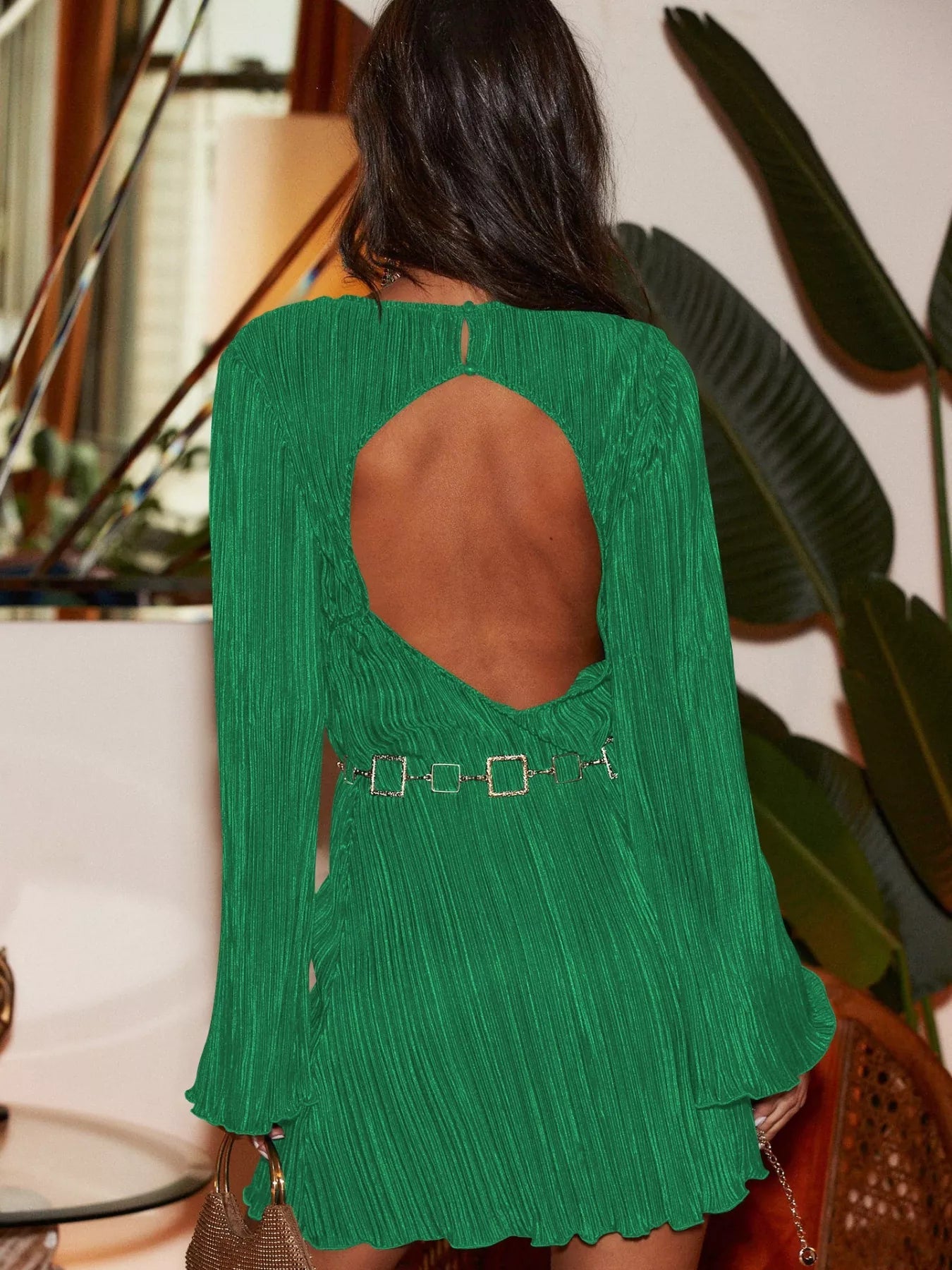 Cutout Back Flare Sleeve Dress -  Be Bliss Boutique