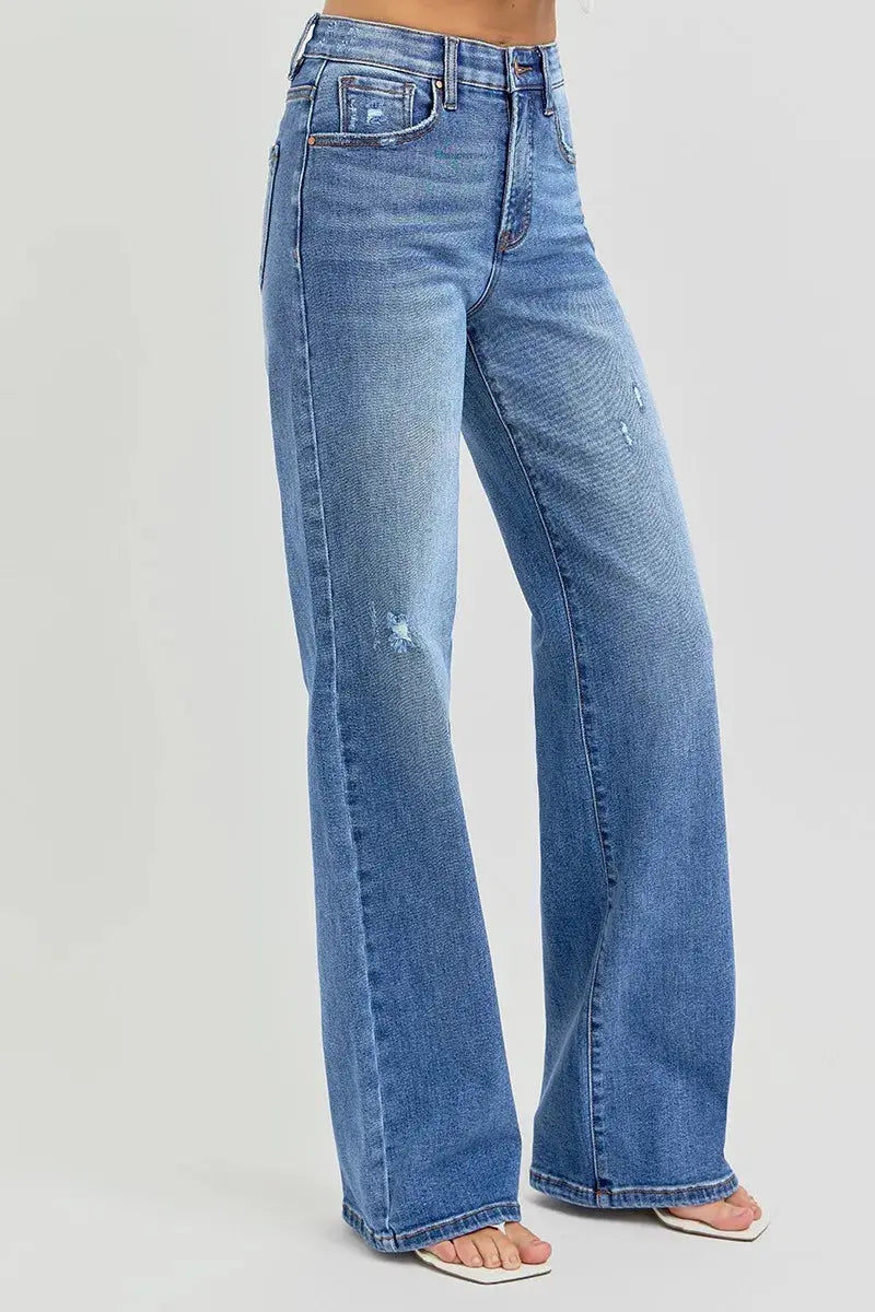 Full Size Tummy Control Elastic Band High Rise Wide RISEN Jeans - Be Bliss Boutique