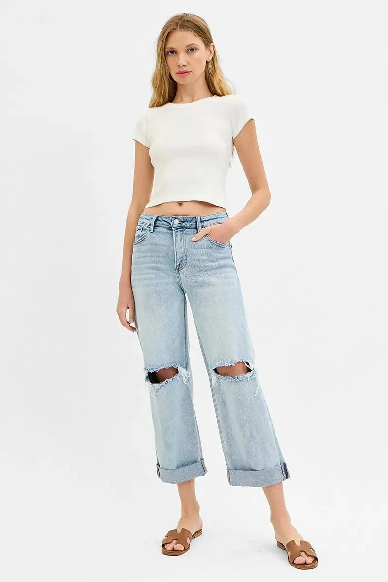Full Size/Plus Size Mid Rise Fit Boyfriend RISEN Jeans with Cuff - Be Bliss Boutique