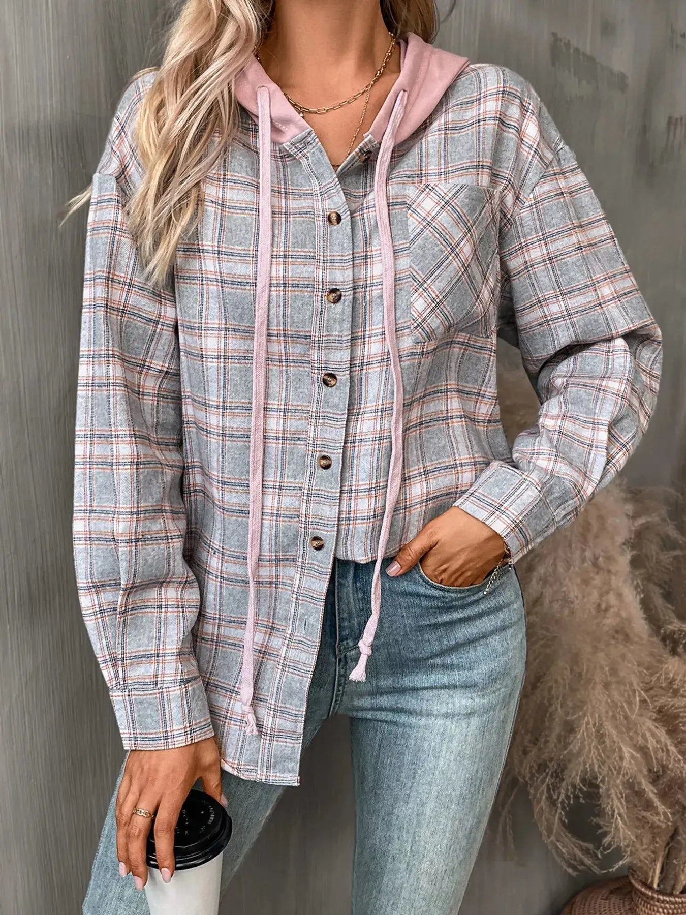 Plaid Button-Up Oversized Hooded Shirt with Chest Pocket - Be Bliss Boutique
