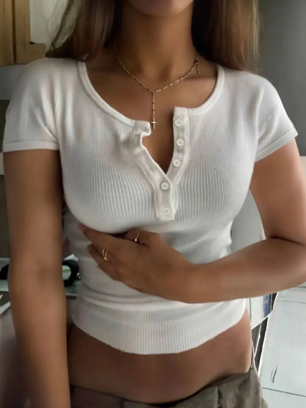 Ribbed Button Detail Round Neck Short Sleeve T Shirt - Be Bliss Boutique