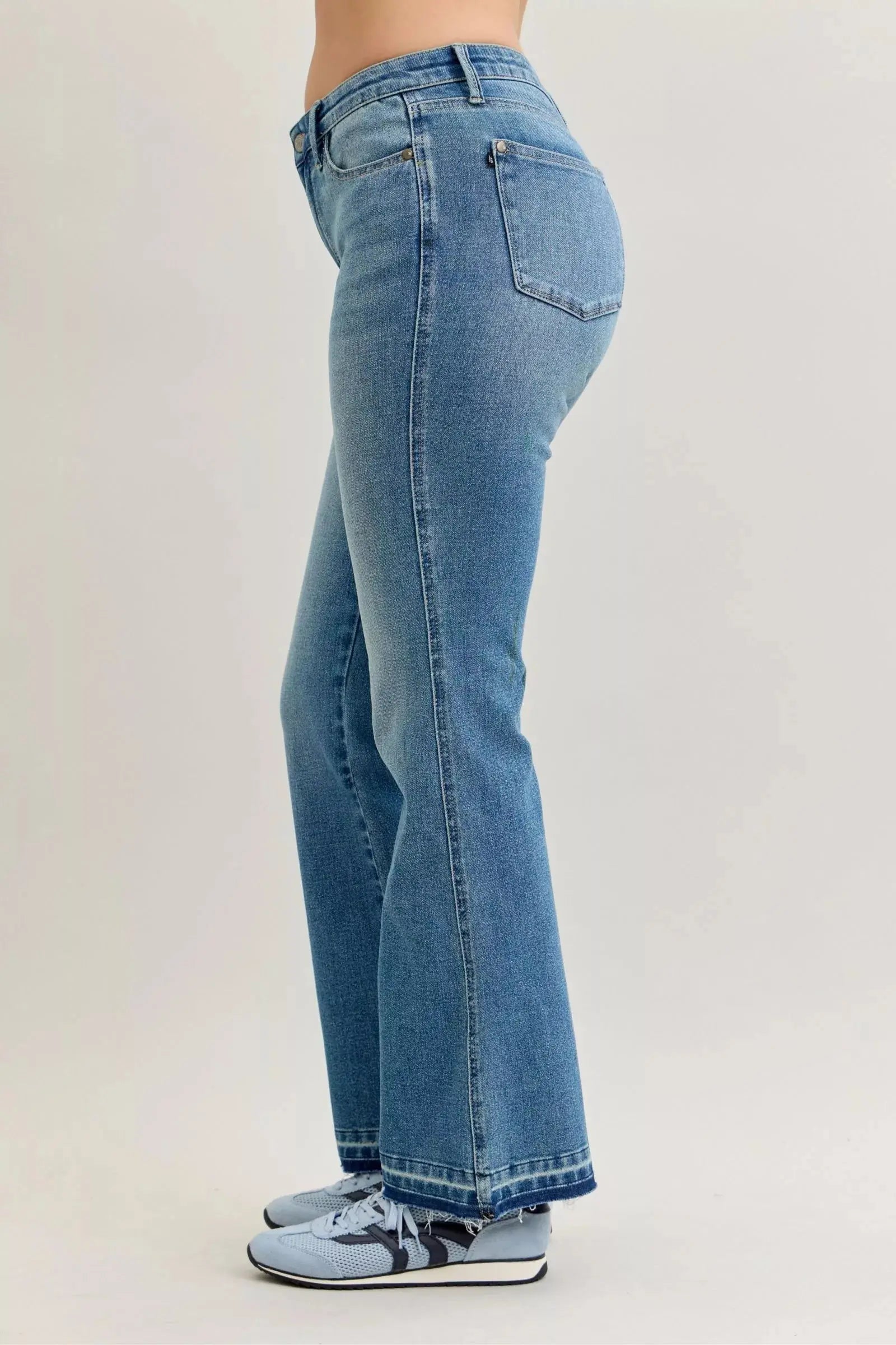 Judy Blue Jeans - Full Size Mid Rise Slim Bootcut Tummy Control Release Hem Jeans - Be Bliss Boutique