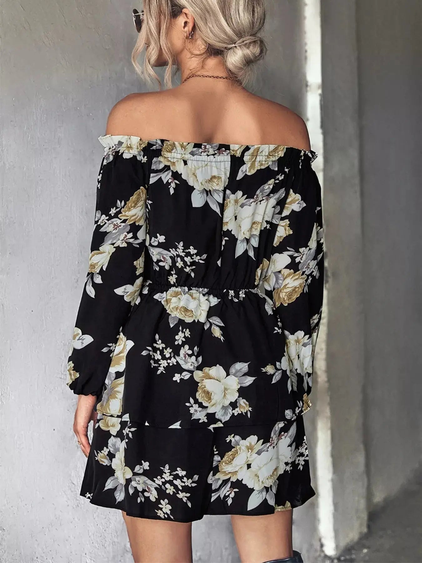 Off-Shoulder Floral Print Long Sleeve Mini Dress - Be Bliss Boutique