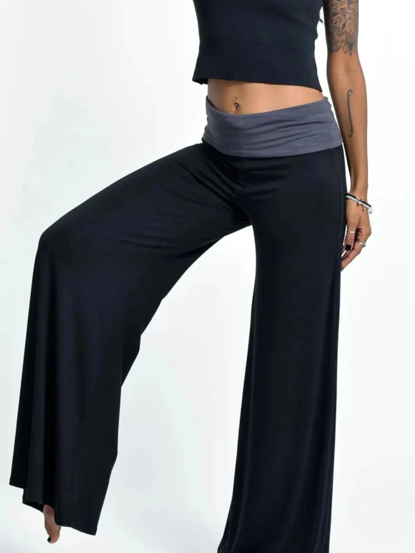 High Waisted Wide Leg Yoga Pants with Contrast Waistband - Be Bliss Boutique
