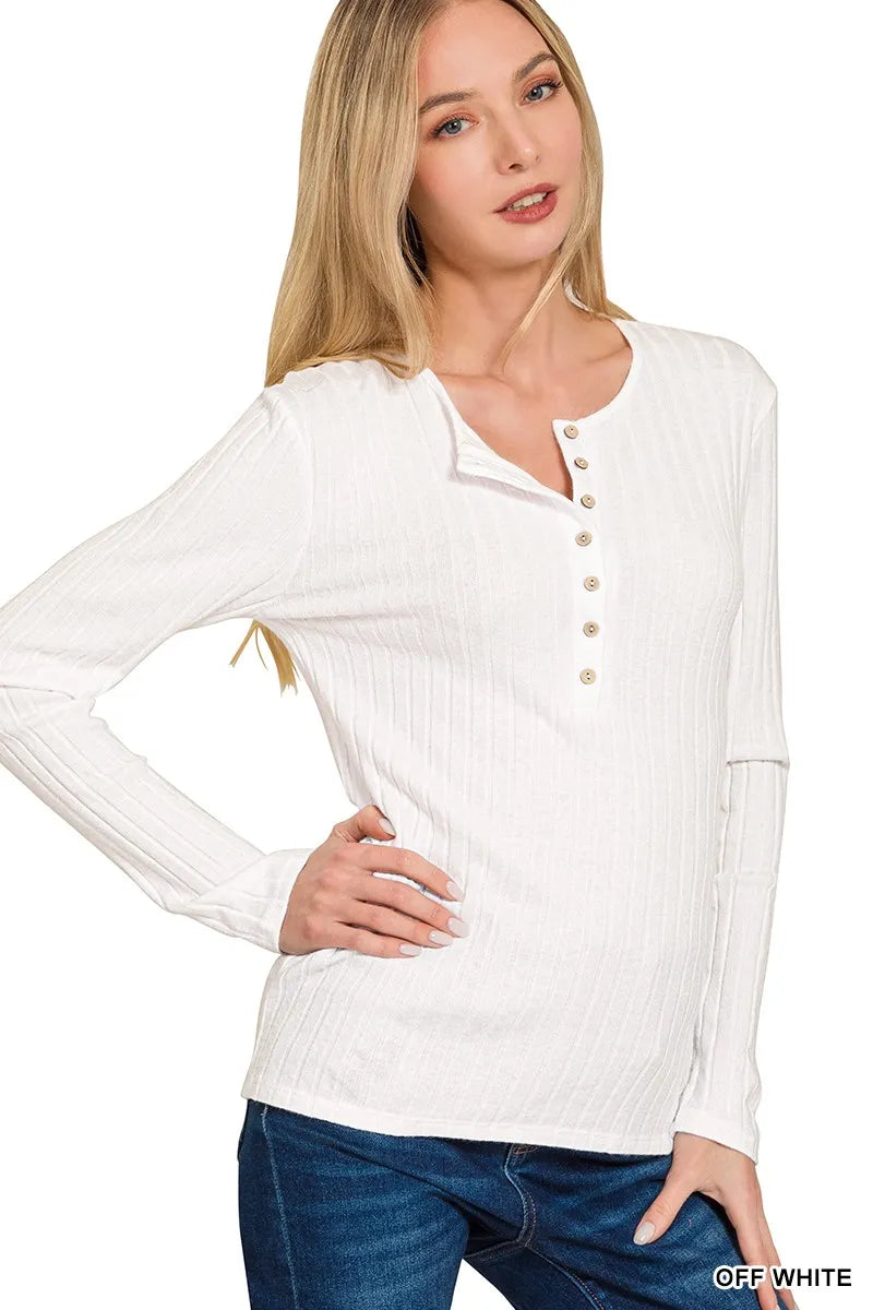 Zenana Off White Ribbed Half Button Long Sleeve Top - Be Bliss Boutique