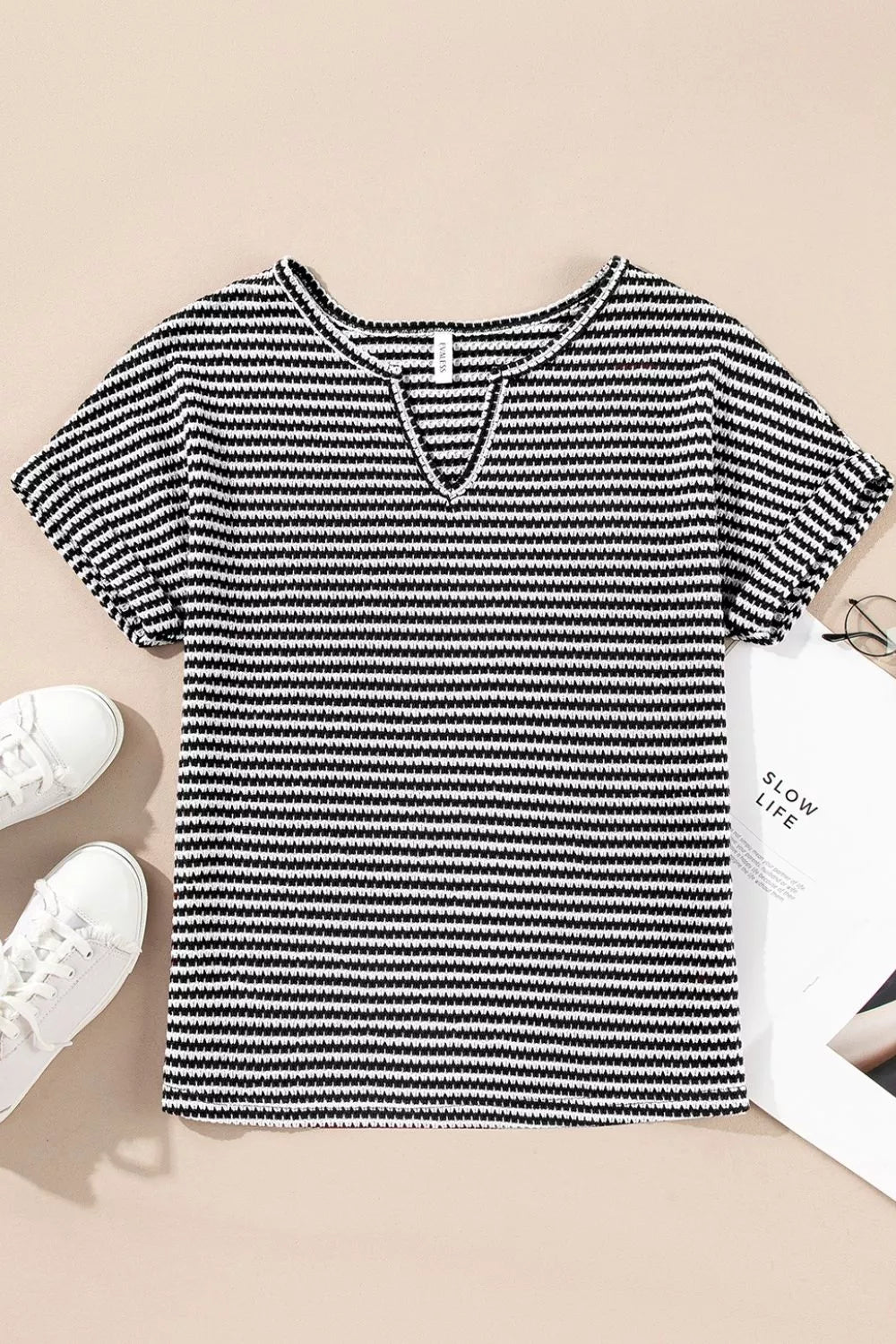 Stripe Textured Knit Notched Neck Cuffed Short Sleeve Shirt - Be Bliss Boutique