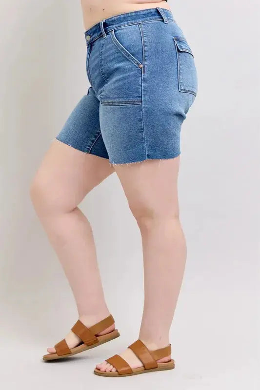 Judy Blue Jeans - Full Size Mid Rise Bermuda Denim Shorts w/ Back Flap Pockets - Be Bliss Boutique