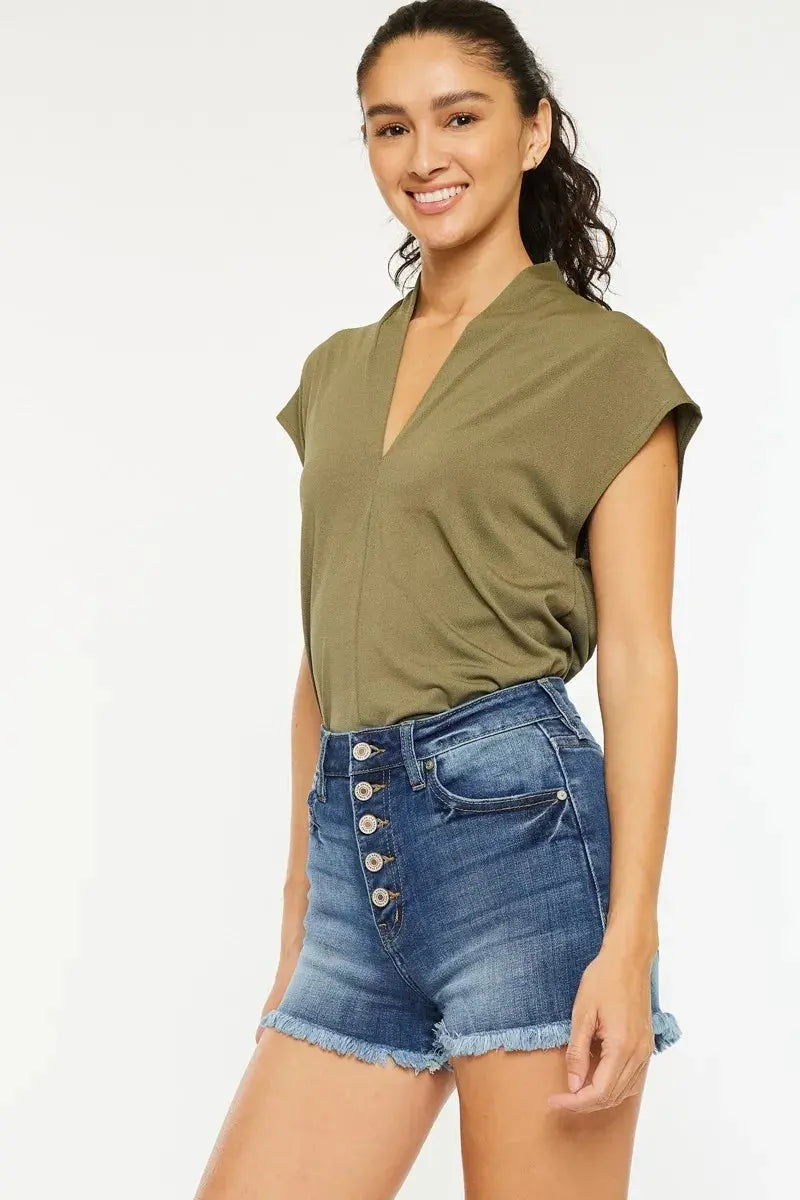High Rise Frayed Hem Kancan Denim Shorts - Medium Wash - Be Bliss Boutique