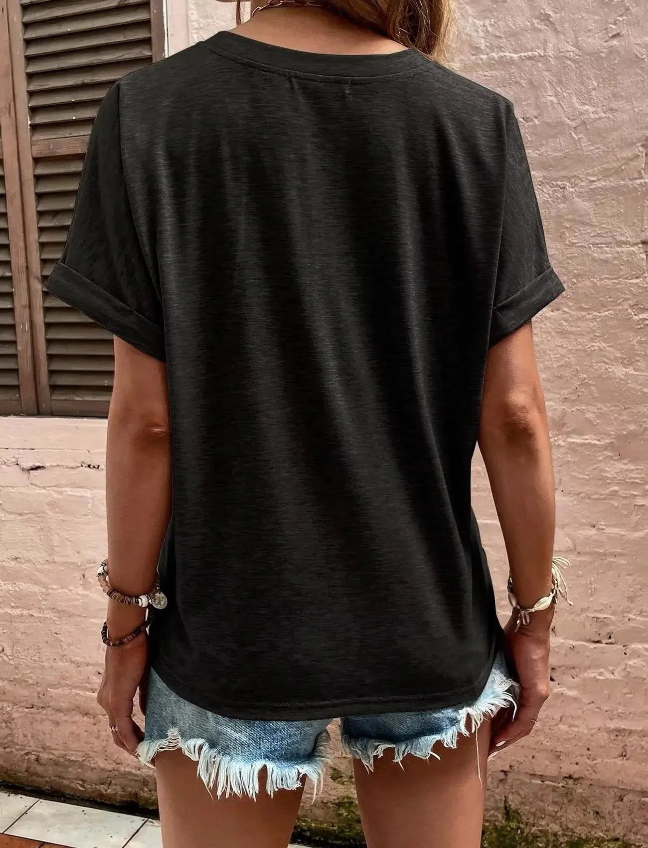 Full Size Notched Rolled Short Sleeve T Shirt - Be Bliss Boutique