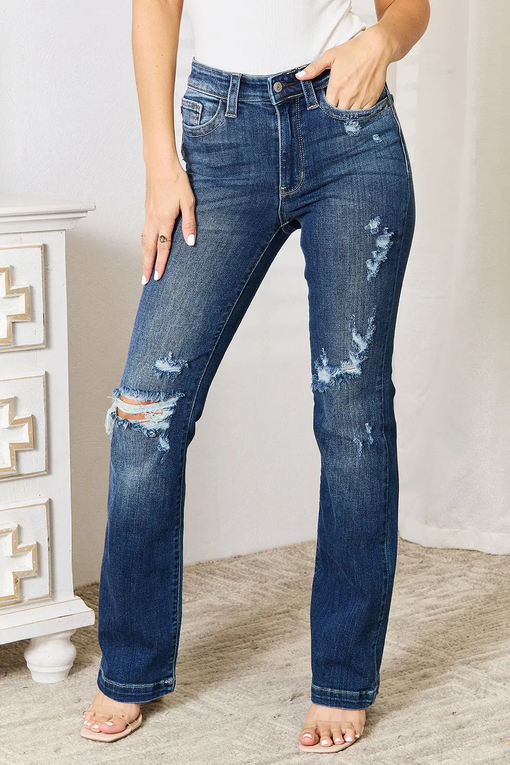 Full Size Mid Rise Hand Sand & Destroy Bootcut Judy Blue Jeans - Be Bliss Boutique