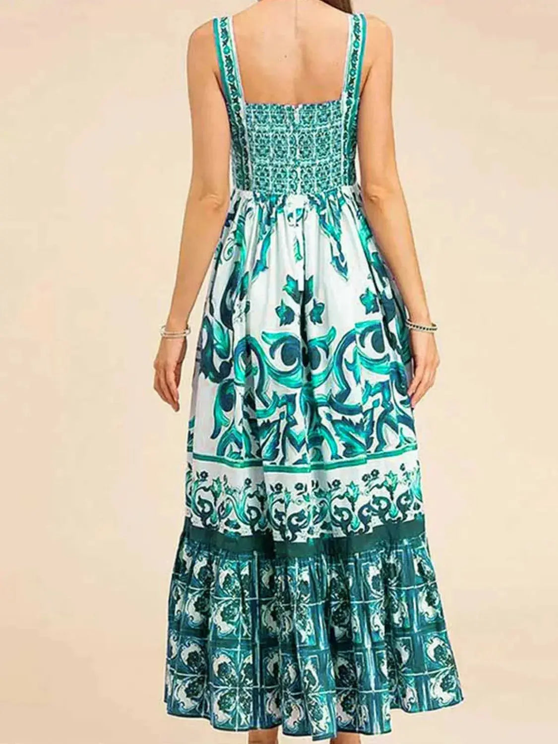 Smocked Blue Tile Print Wide Strap Midi Dress - Be Bliss Boutique