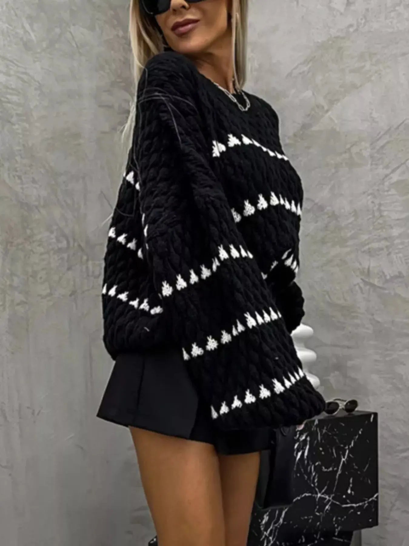 Striped Chunky Knit Sweater with Balloon Sleeves - Be Bliss Boutique