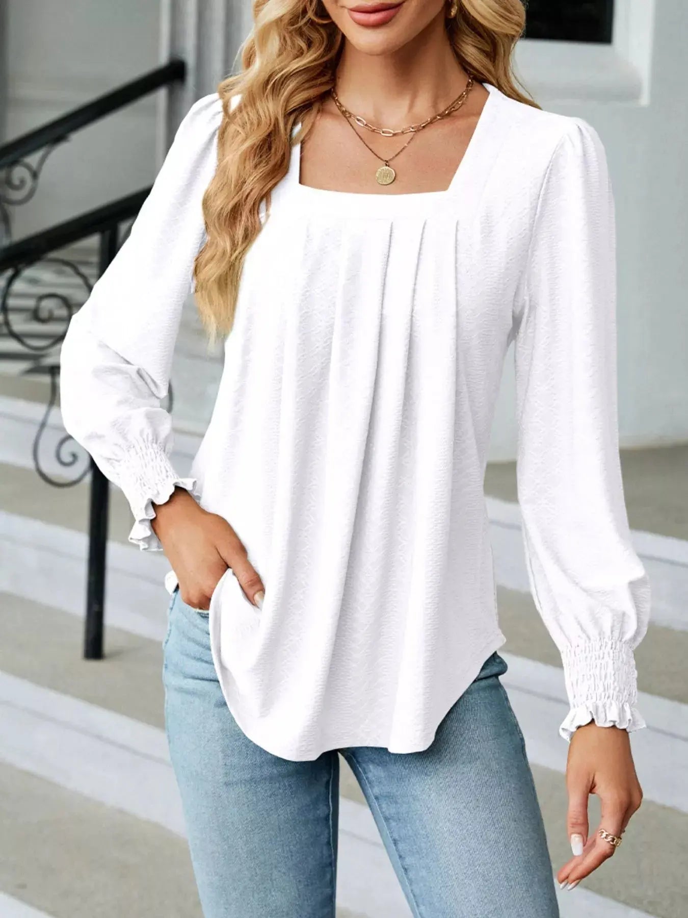 Pleated Square Neck Long Sleeve Top - Be Bliss Boutique