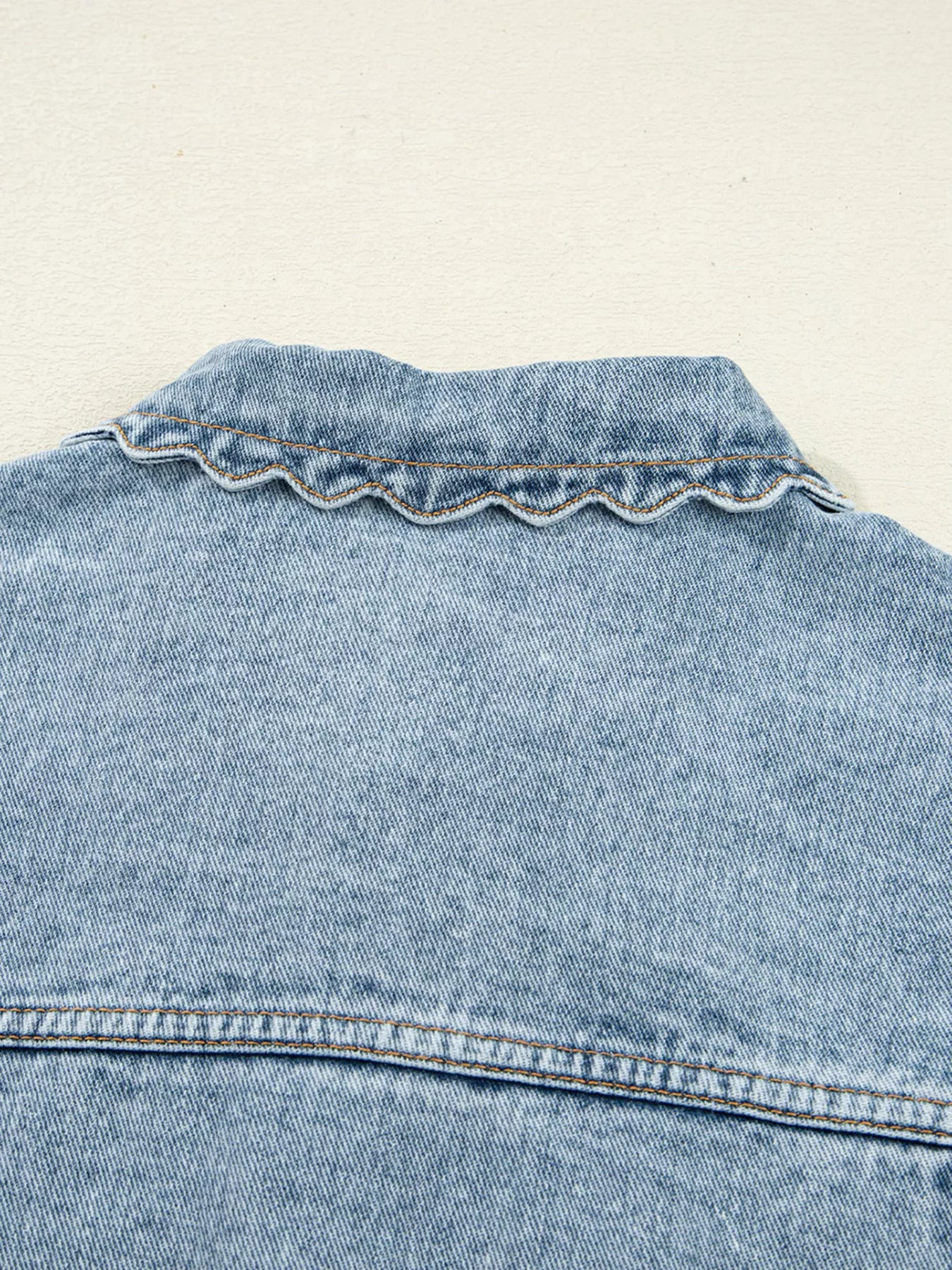 Scallop Trim Collar Patched Pocket Button Up Denim Jacket - Be Bliss Boutique