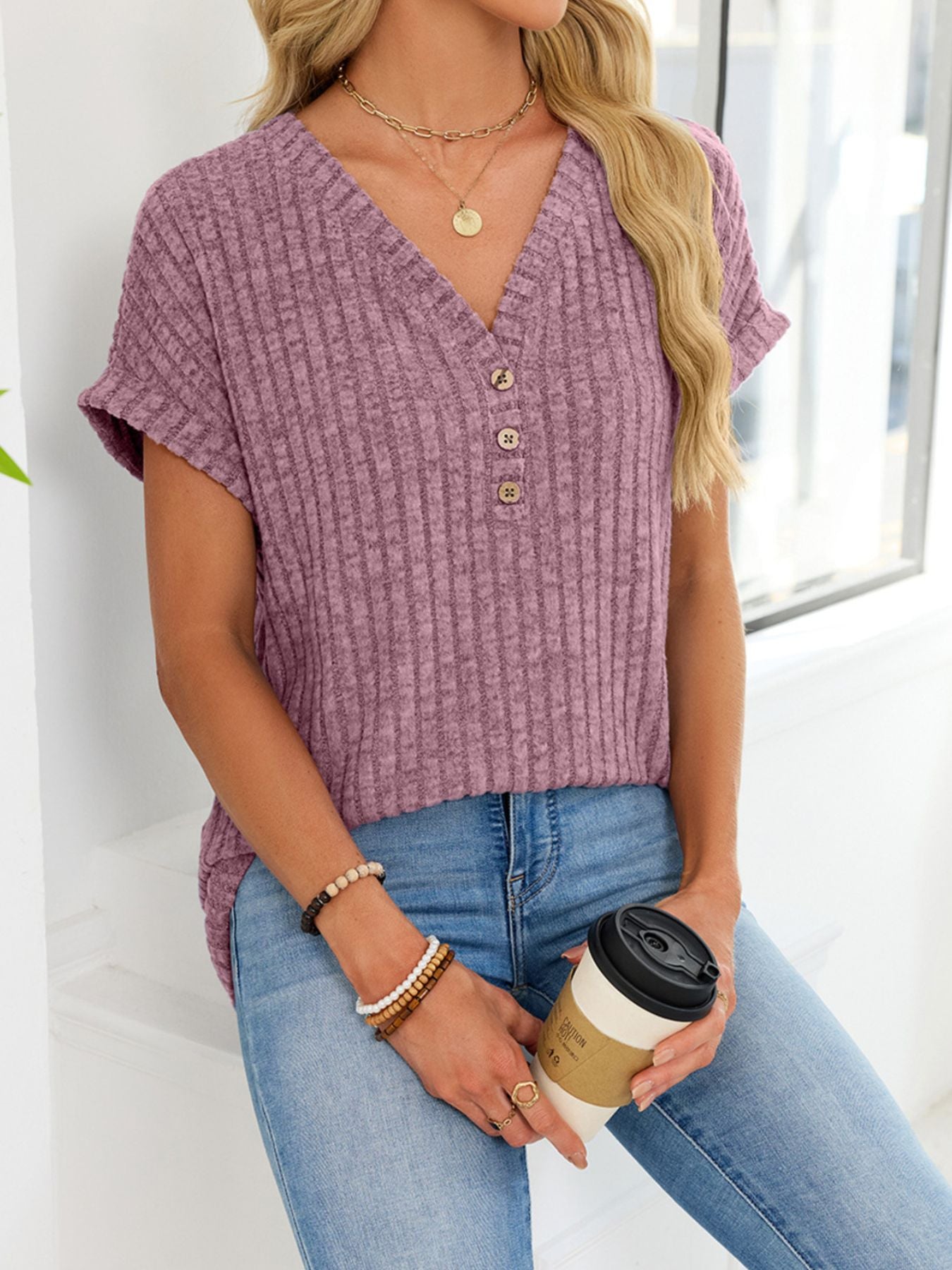 V Neck Ribbed Knit T Shirt - Be Bliss Boutique
