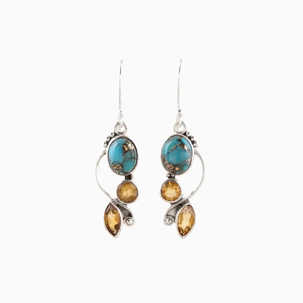 Turquoise & Amber-Inspired Geometric Alloy Dangle Earrings - Be Bliss Boutique