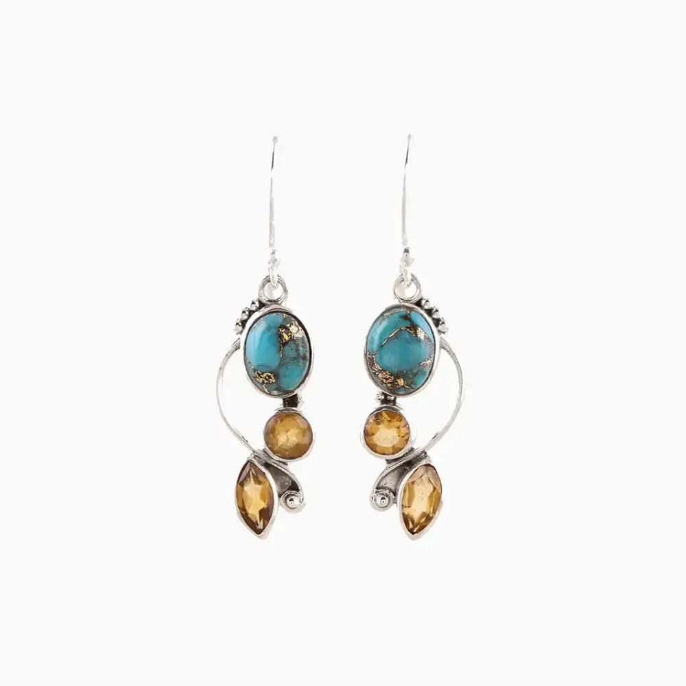 Turquoise & Amber-Inspired Geometric Alloy Dangle Earrings - Be Bliss Boutique