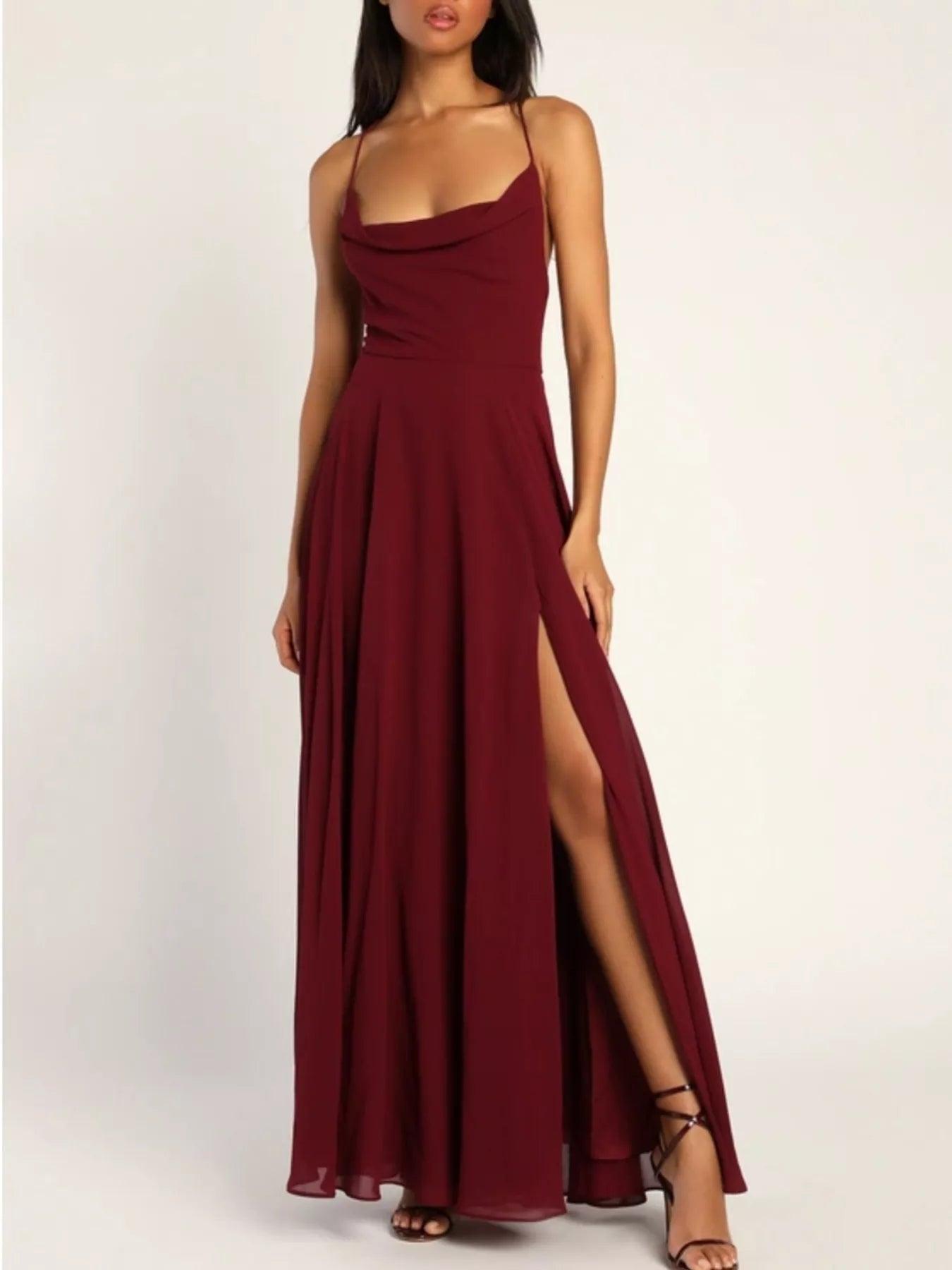 Backless Cowl Neck Lace-Up Slit Maxi Dress - Be Bliss Boutique