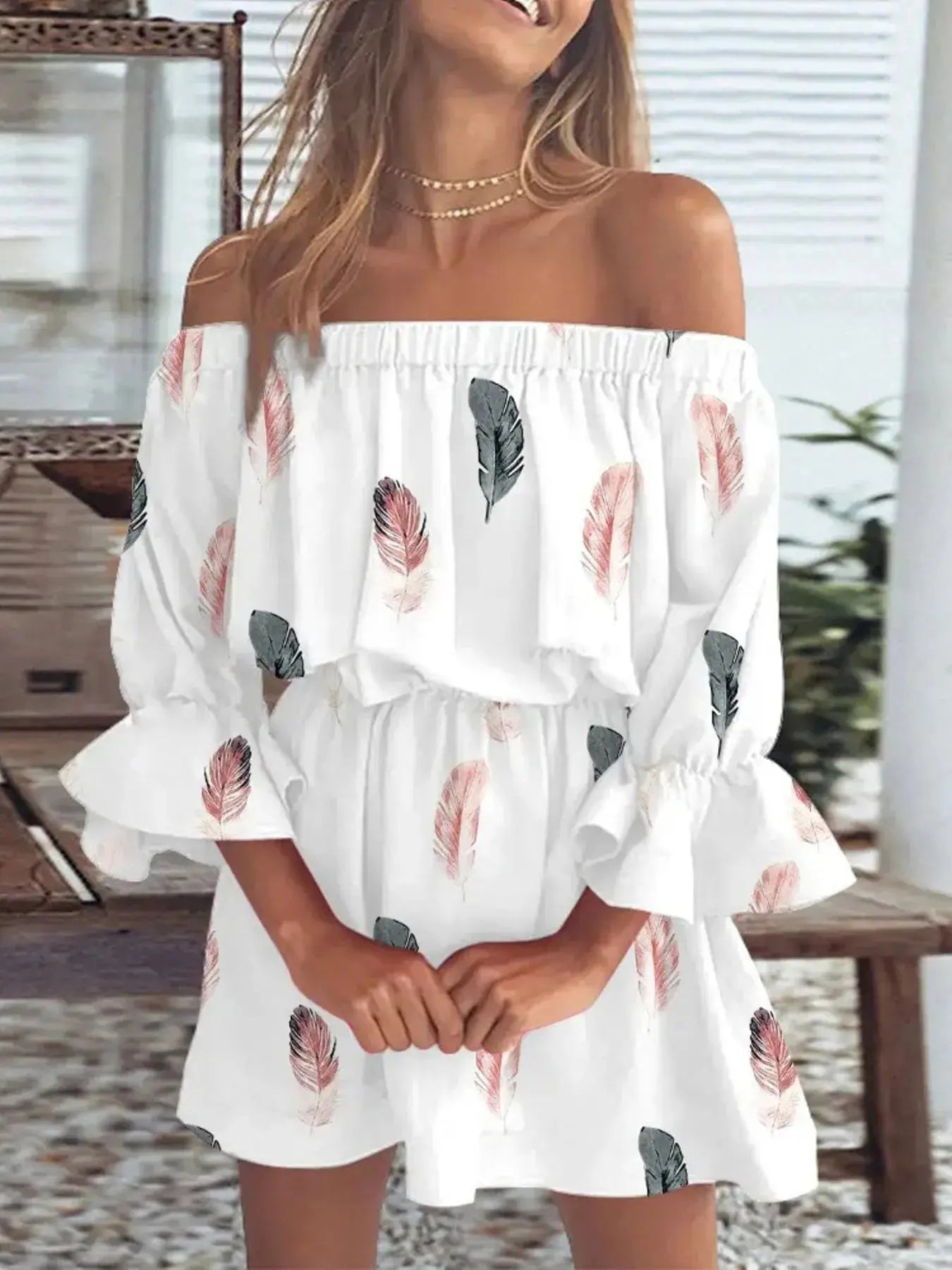 Full Size Floral Off Shoulder Mini Dress with Flounce Sleeves - Be Bliss Boutique