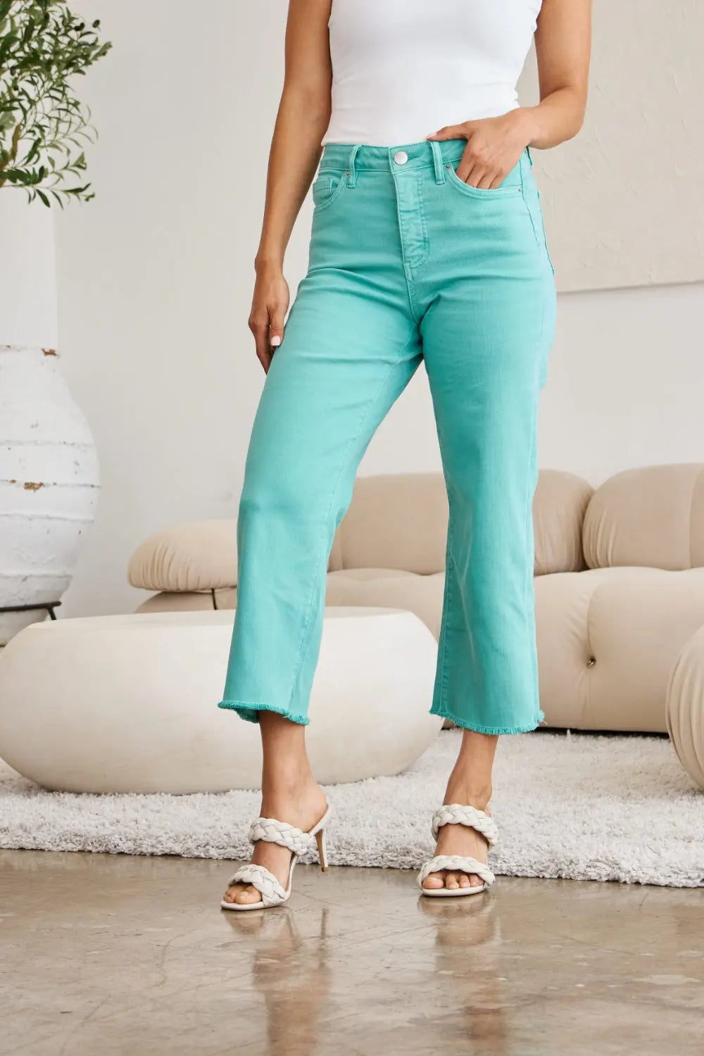 Island Green Full Size Tummy Control High Waist Raw Hem Jeans - Be Bliss Boutique