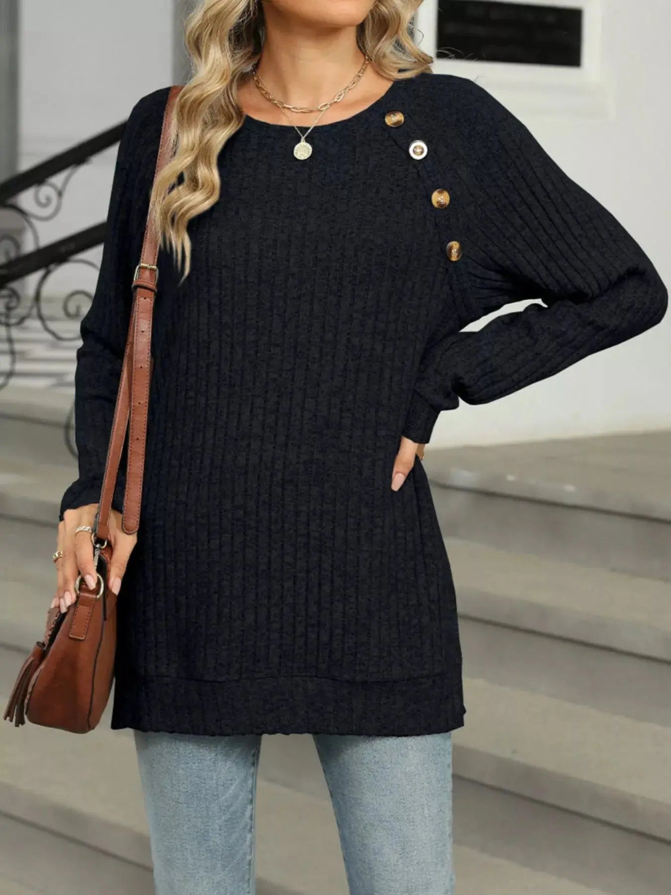 Cozy Chic Ribbed Button Detail Long Sleeve Tunic - Be Bliss Boutique