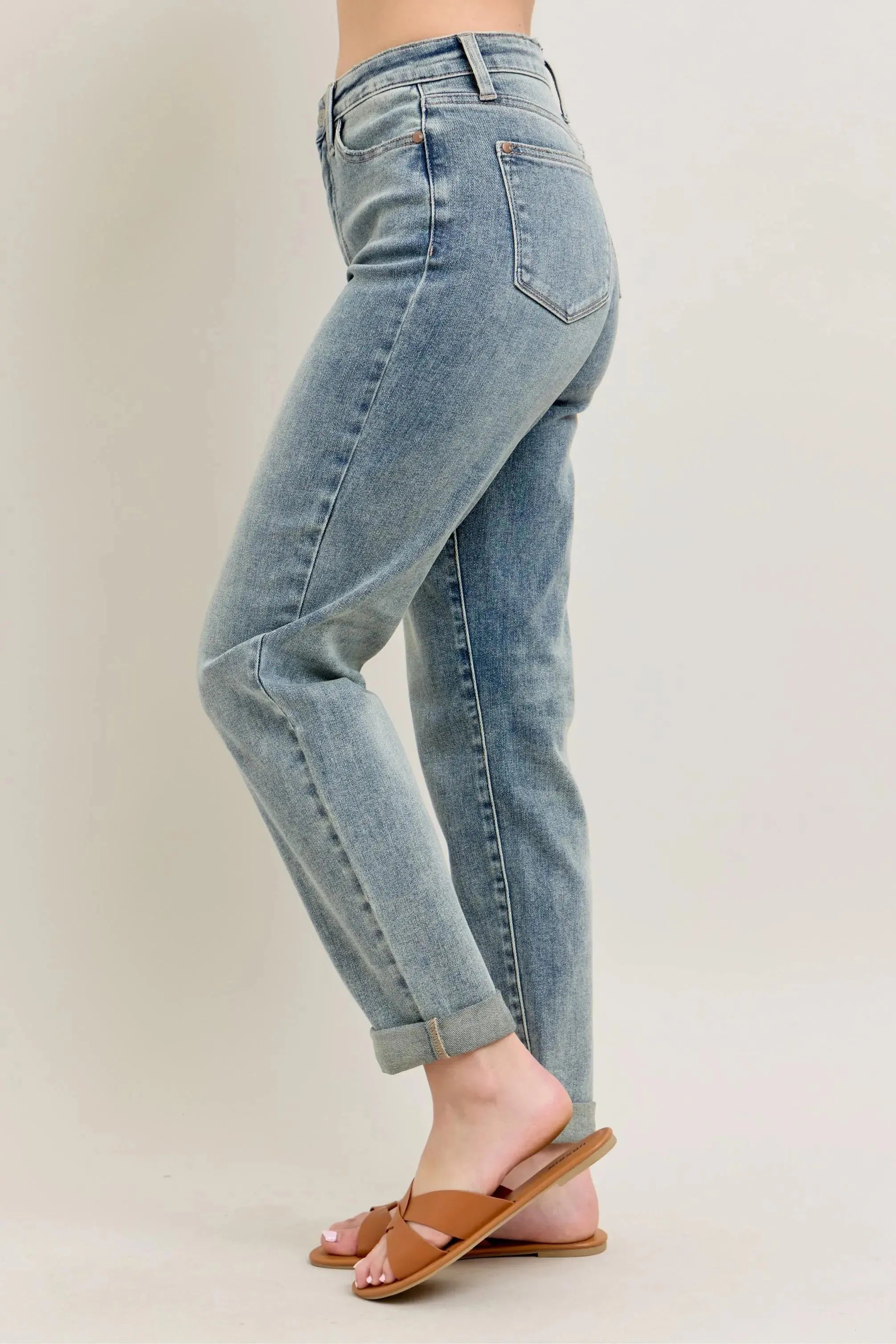 Judy Blue Jeans - Full Size High Waist Vintage Wash Double Roll Cuff Boyfriend Fit - Be Bliss Boutique
