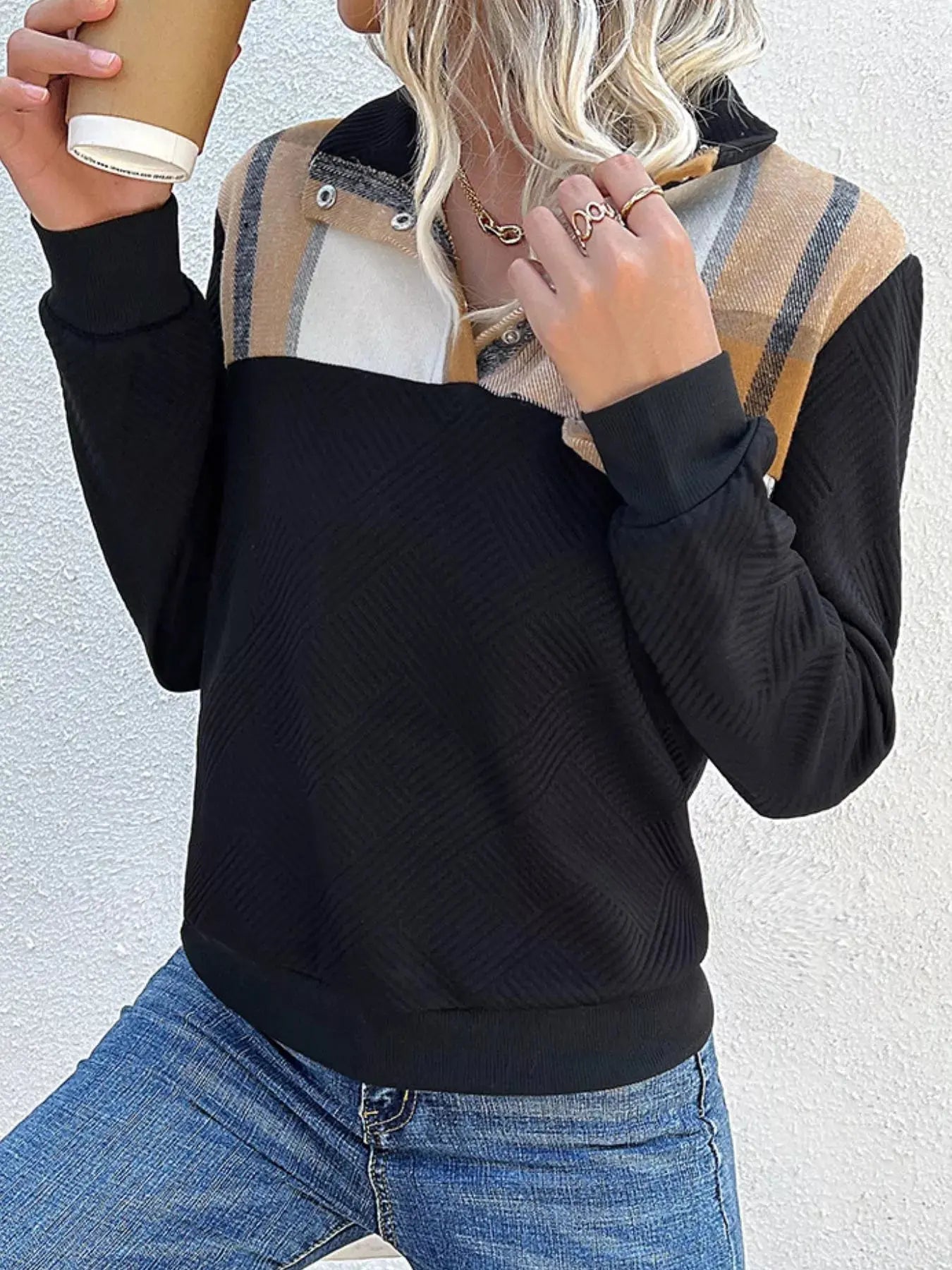 Color Block Texture Long Sleeve Sweatshirt - Be Bliss Boutique