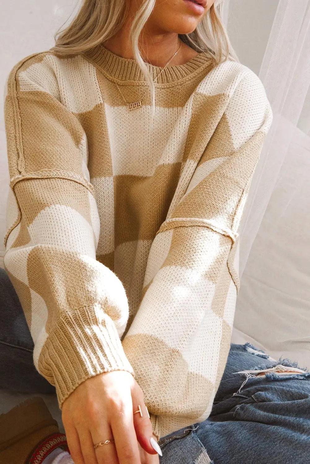 Checkered Bishop Sleeve Sweater - Be Bliss Boutique