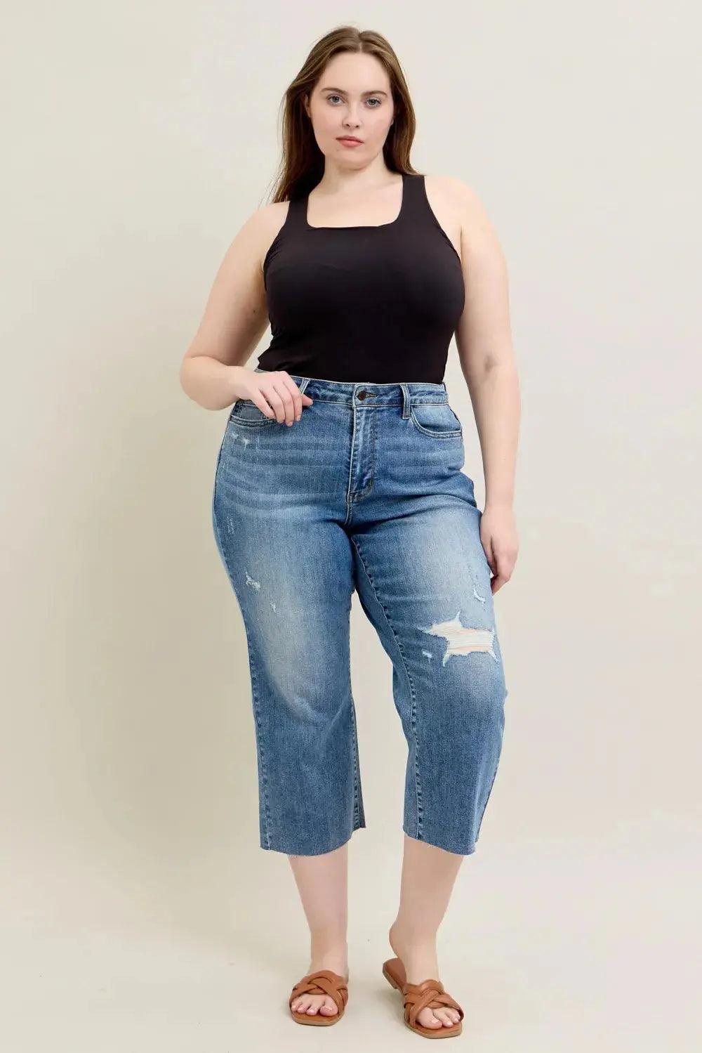 Plus Size High Waist Back Destroy & Raw Cut Hem Crop Wide Leg Judy Blue Jeans - Be Bliss Boutique