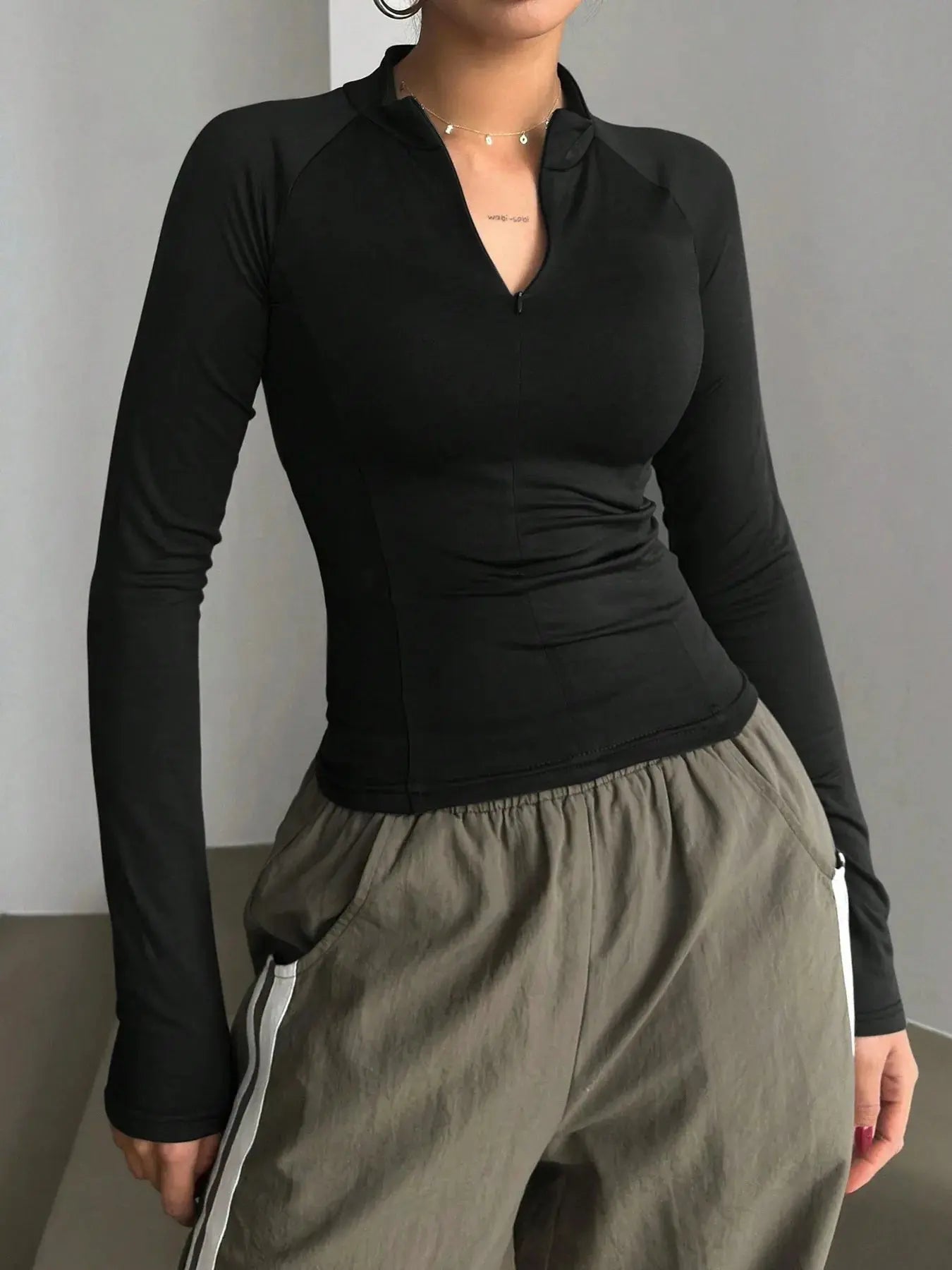 Zip Front Long Sleeve Fitted T Shirt - Be Bliss Boutique