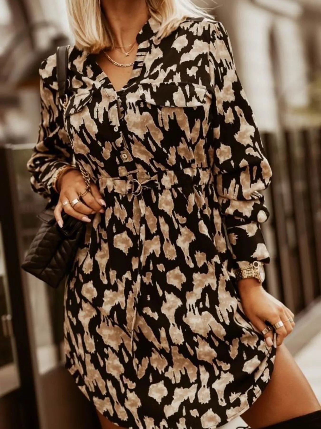 Printed Button Front Long Sleeve Dress - Be Bliss Boutique