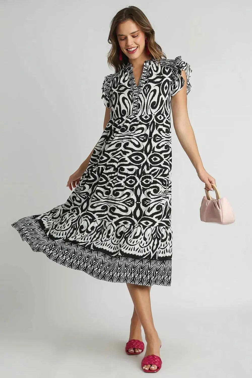 Umgee Two Tone Border Print Ruffle Cap Sleeve Midi Dress – Plus Size - Be Bliss Boutique