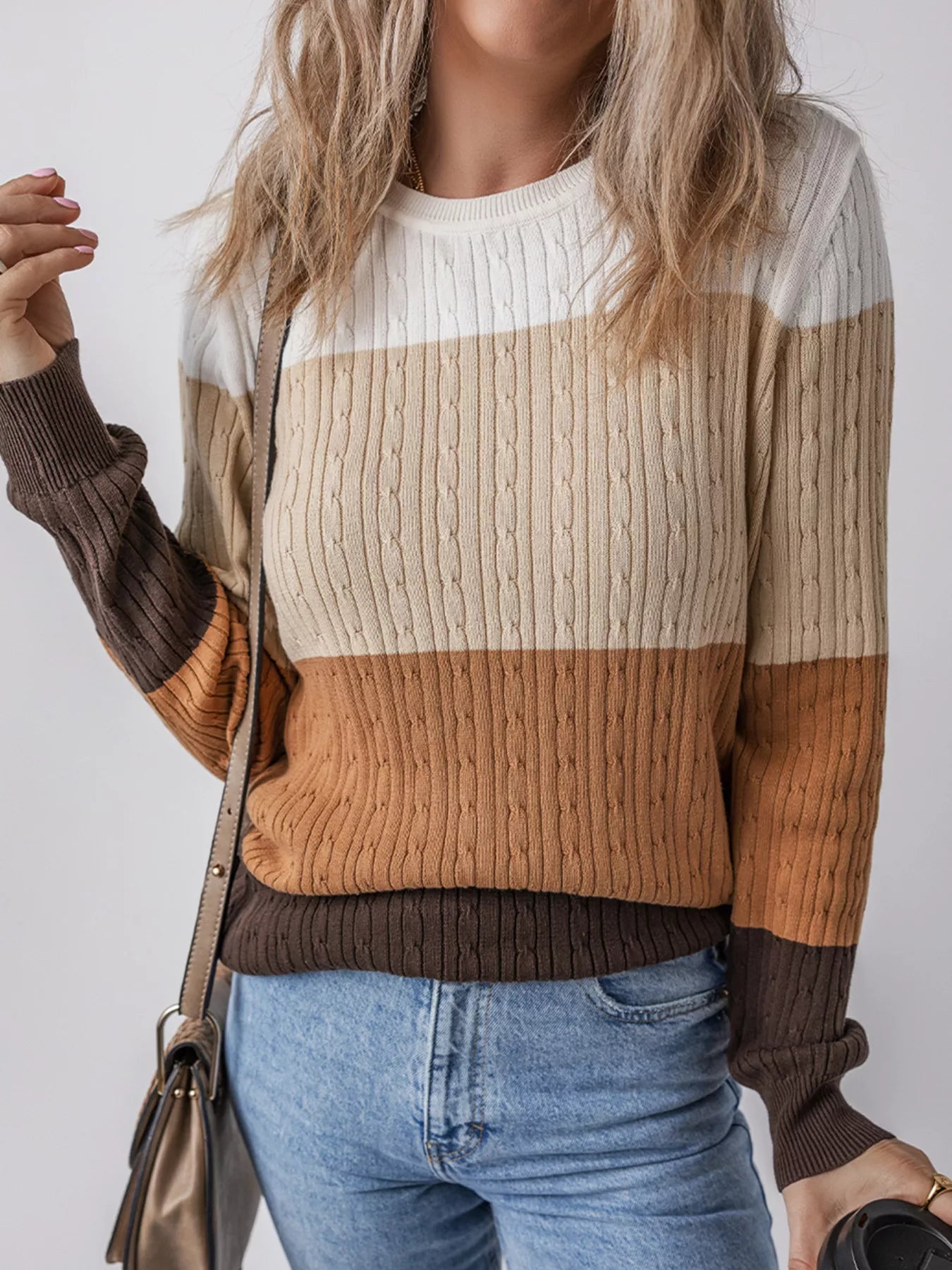 Colorblock Cable Knit Round Neck Sweater - Be Bliss Boutique