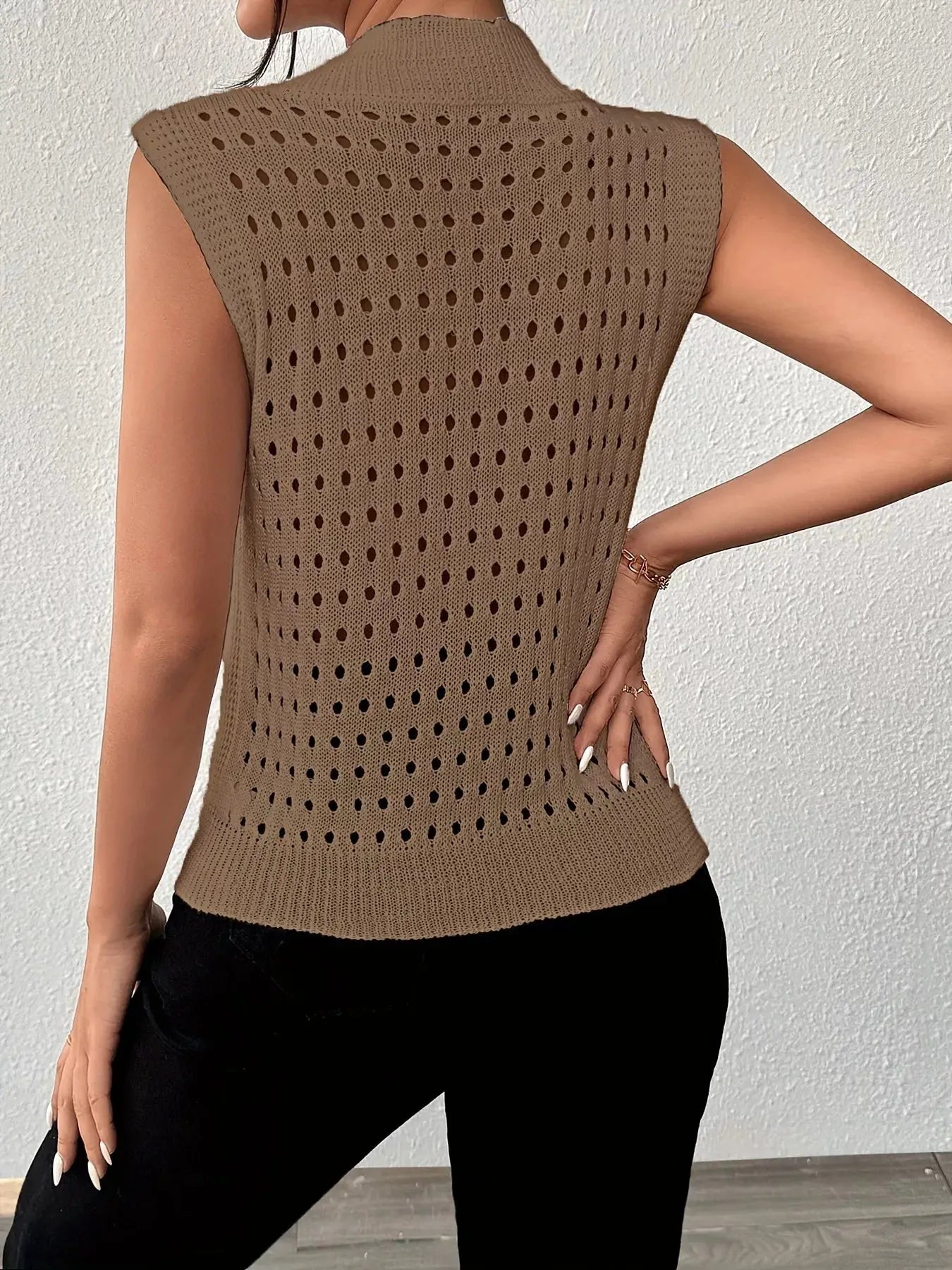 Hollow Out Round Neck Knit Sweater Tank - Be Bliss Boutique