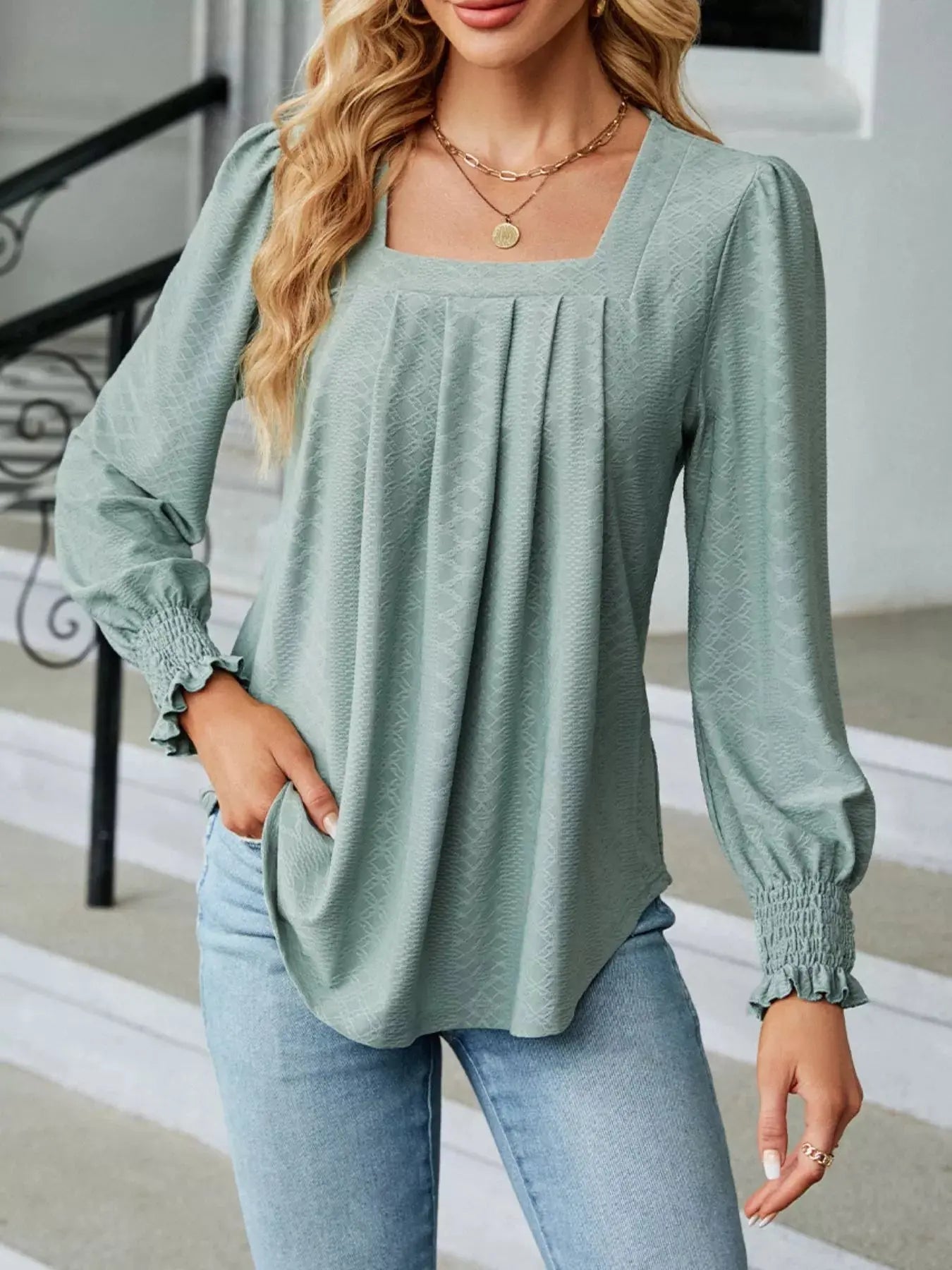 Pleated Square Neck Long Sleeve Top - Be Bliss Boutique