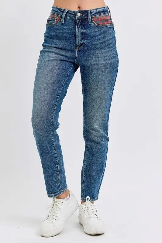 Plus Size High Waist Plaid Patch Slim Fit Judy Blue Jeans - Be Bliss Boutique
