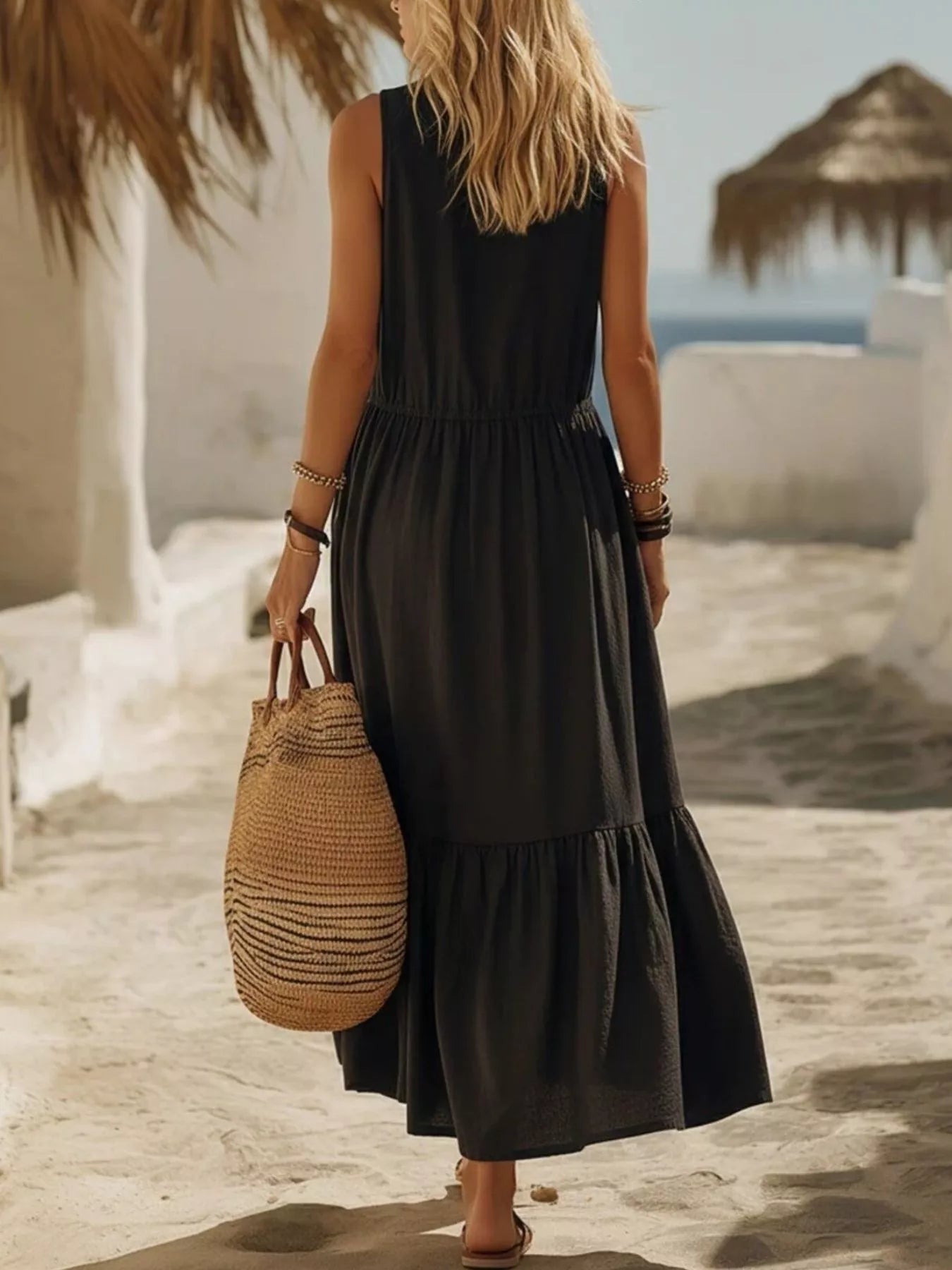 Full Size Zipper Front Pocket Ruffle Hem Sleeveless Maxi Dress - Be Bliss Boutique
