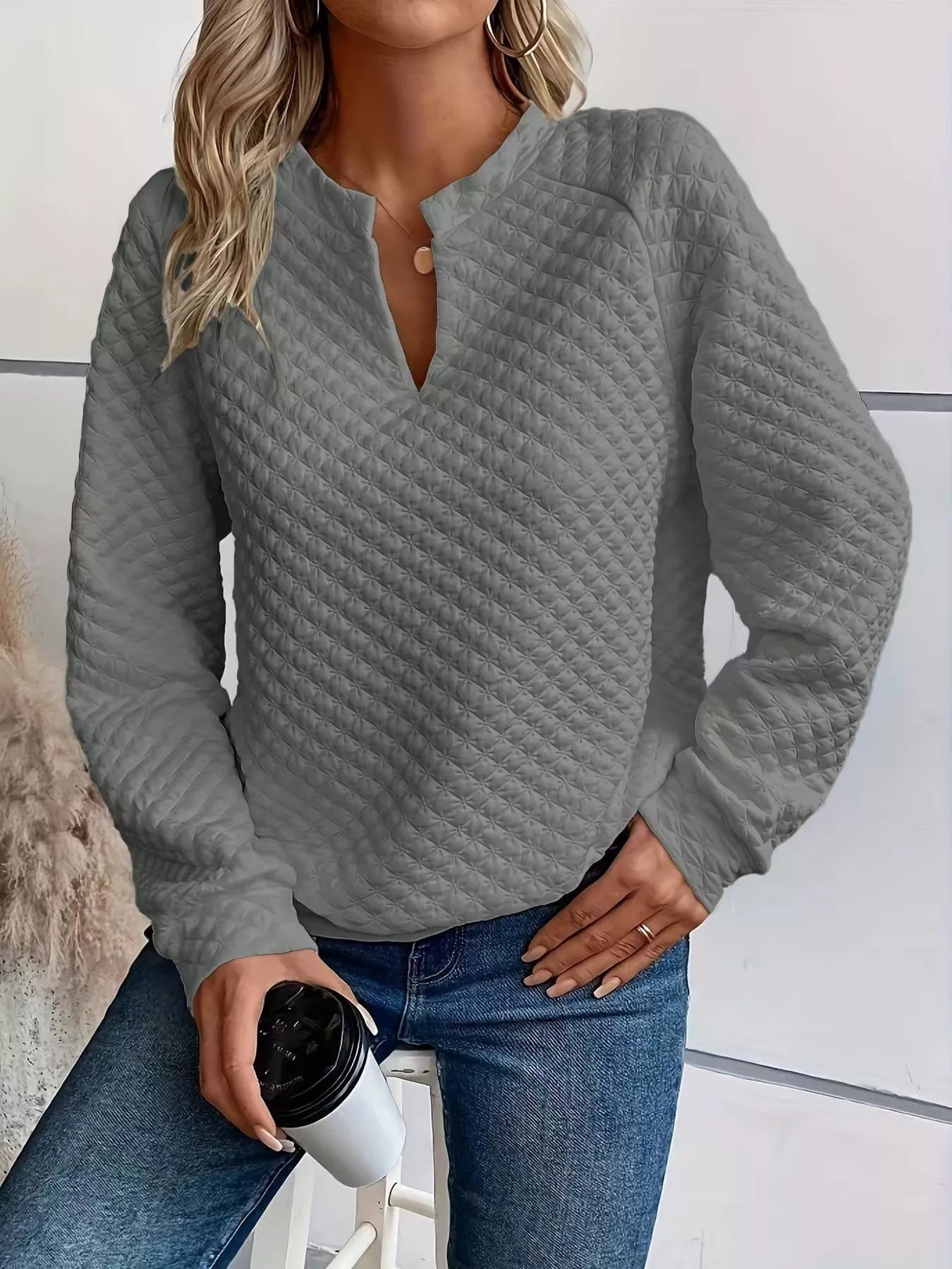 Notched Raglan Sleeve Sweatshirt -  Be Bliss Boutique