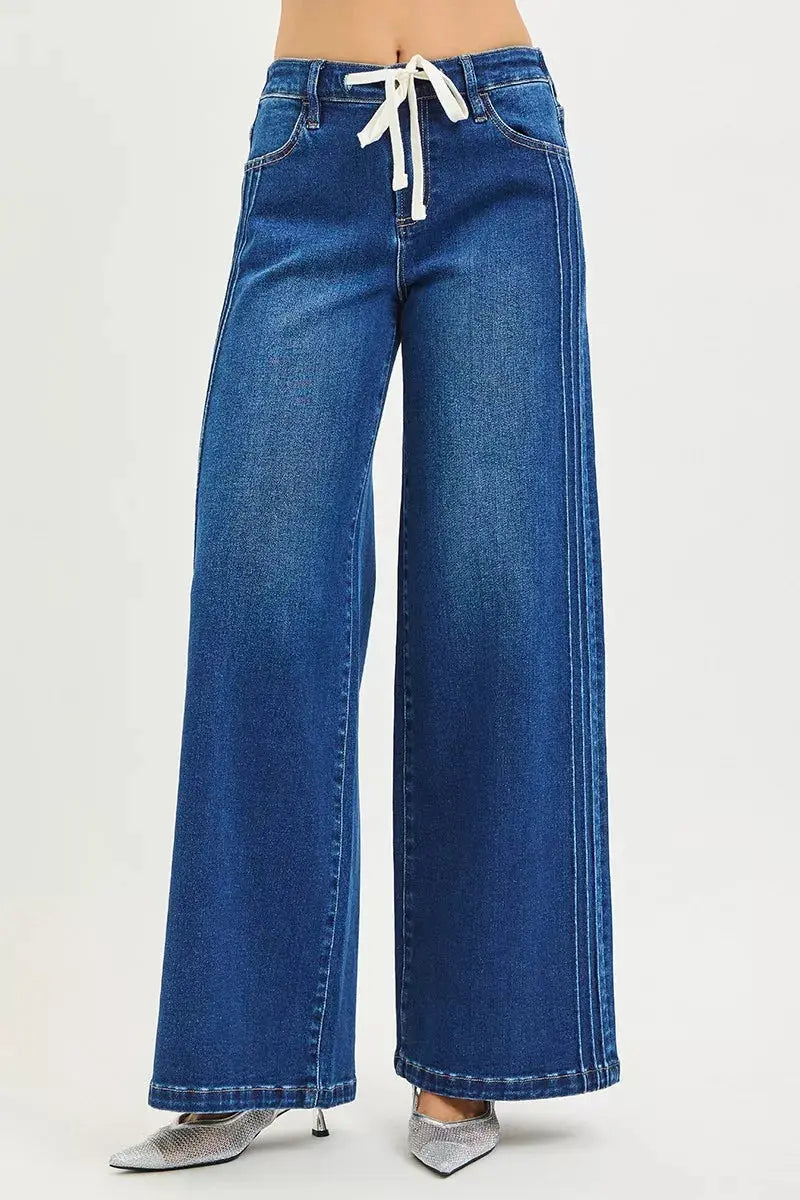 RISEN Jeans - Full Size Mid Rise Wide Side Pintuck Jeans with Front Drawstring - Be Bliss Boutique