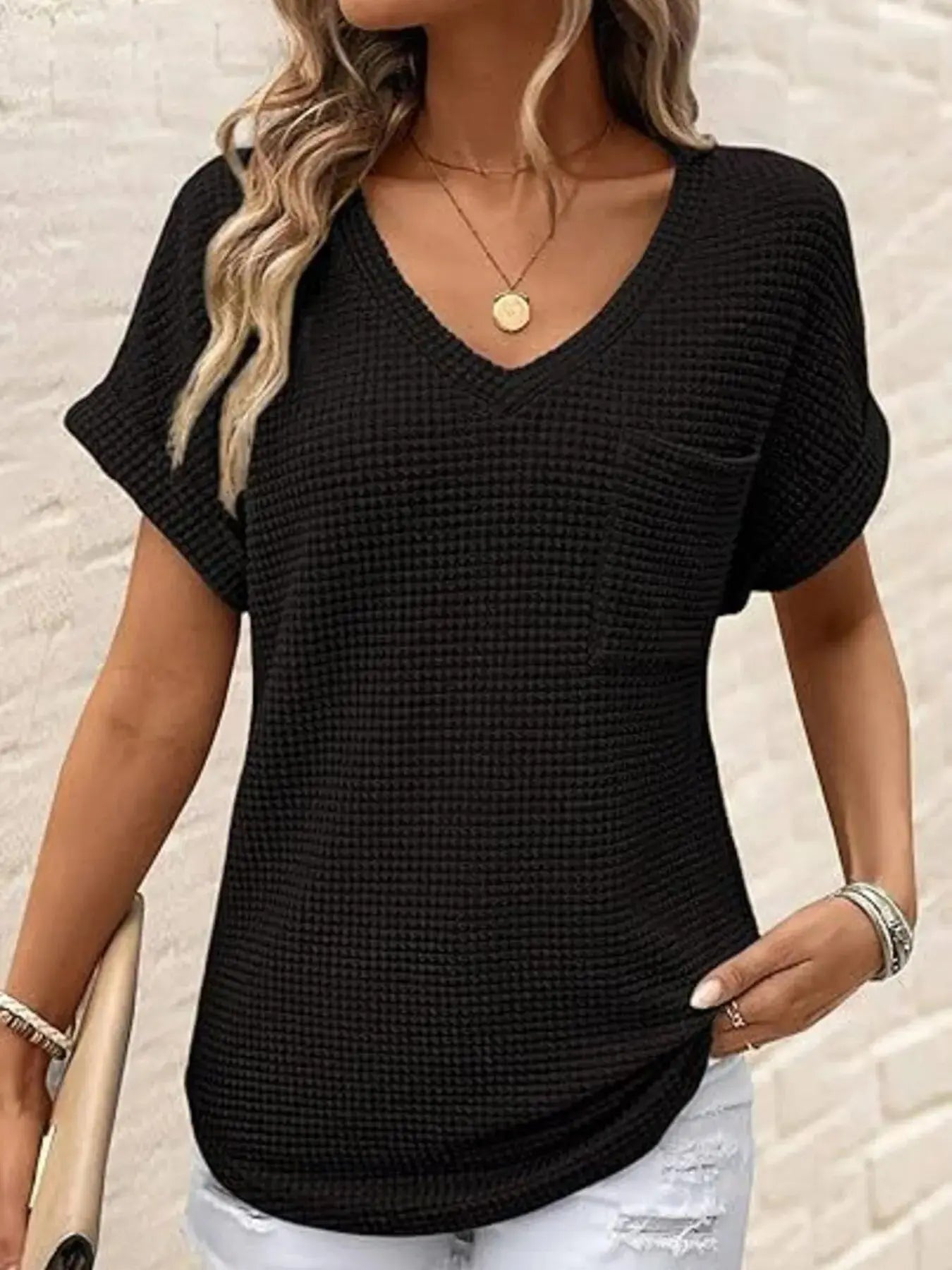 Waffle Knit V-Neck Casual T-Shirt - Be Bliss Boutique